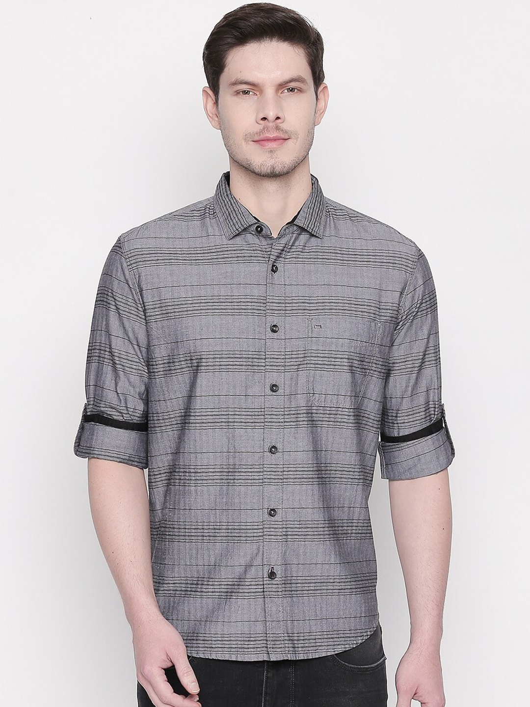 

Basics Men Grey and Black Slim Fit Striped Casual Shirt