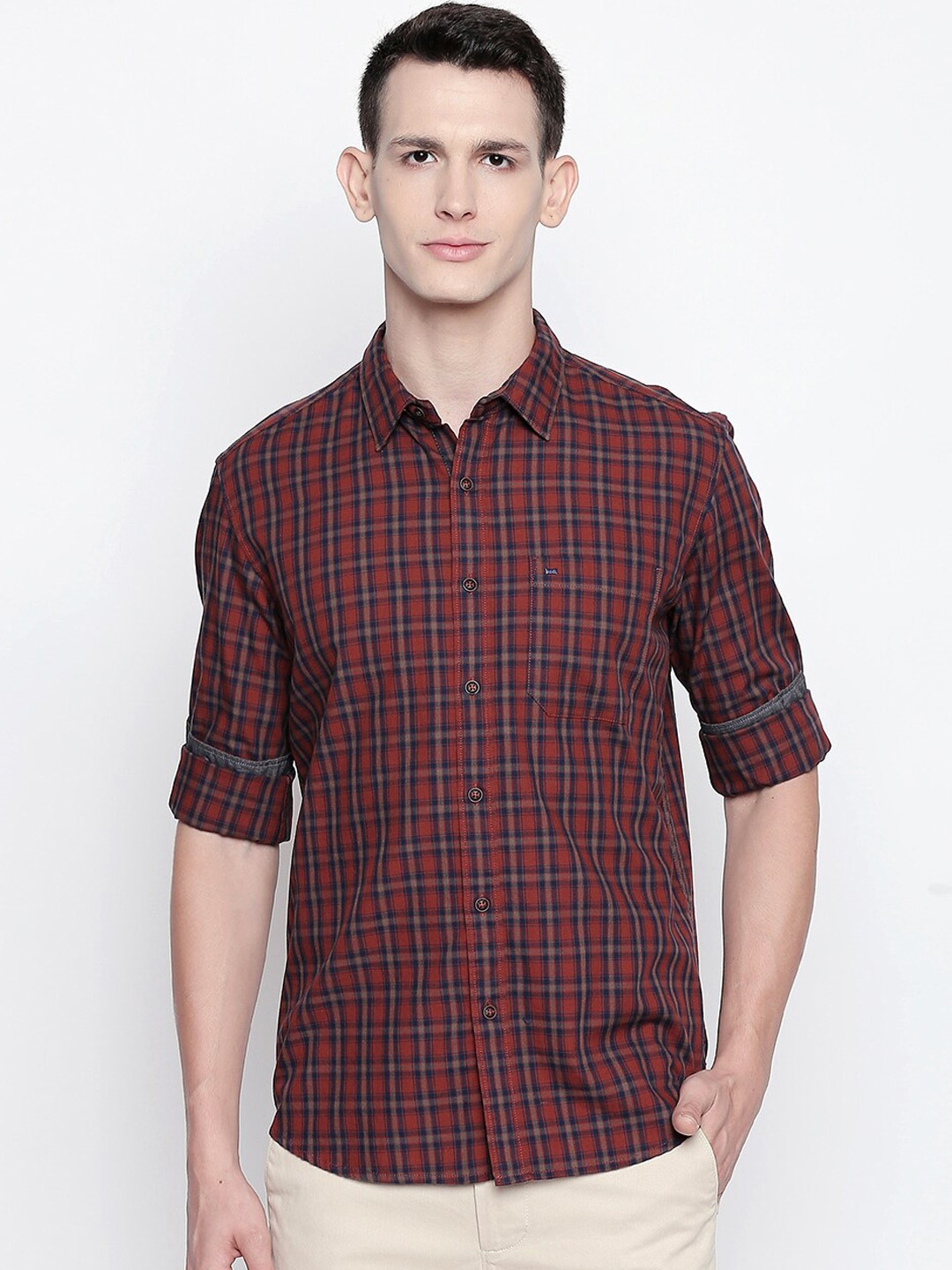 

Basics Men Brown and Navy Blue Slim Fit Checked Casual Shirt