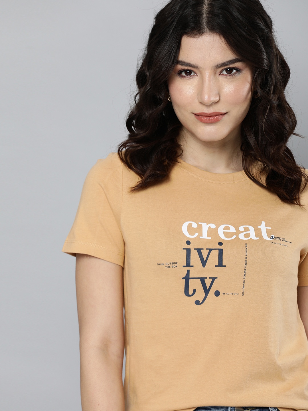 

Mast & Harbour Women Beige Typography Printed Pure Cotton T-shirt