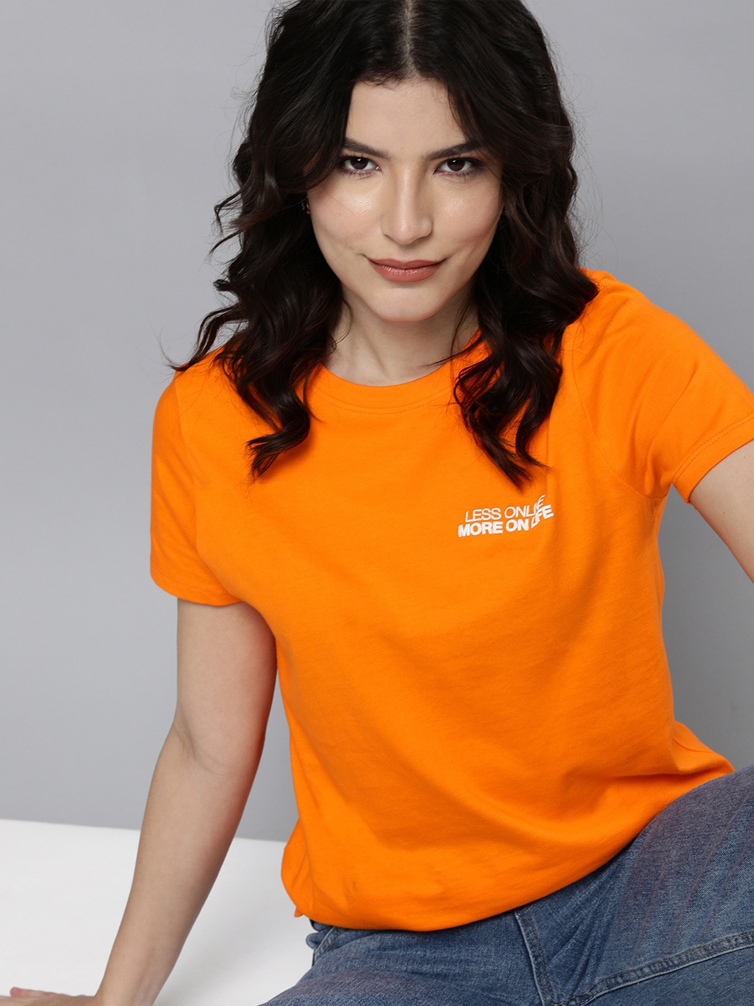 

Mast & Harbour Women Orange Typography Printed Pure Cotton T-shirt