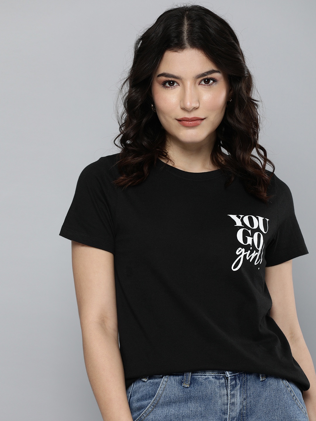 

Mast & Harbour Women Black Typography Printed Pure Cotton T-shirt