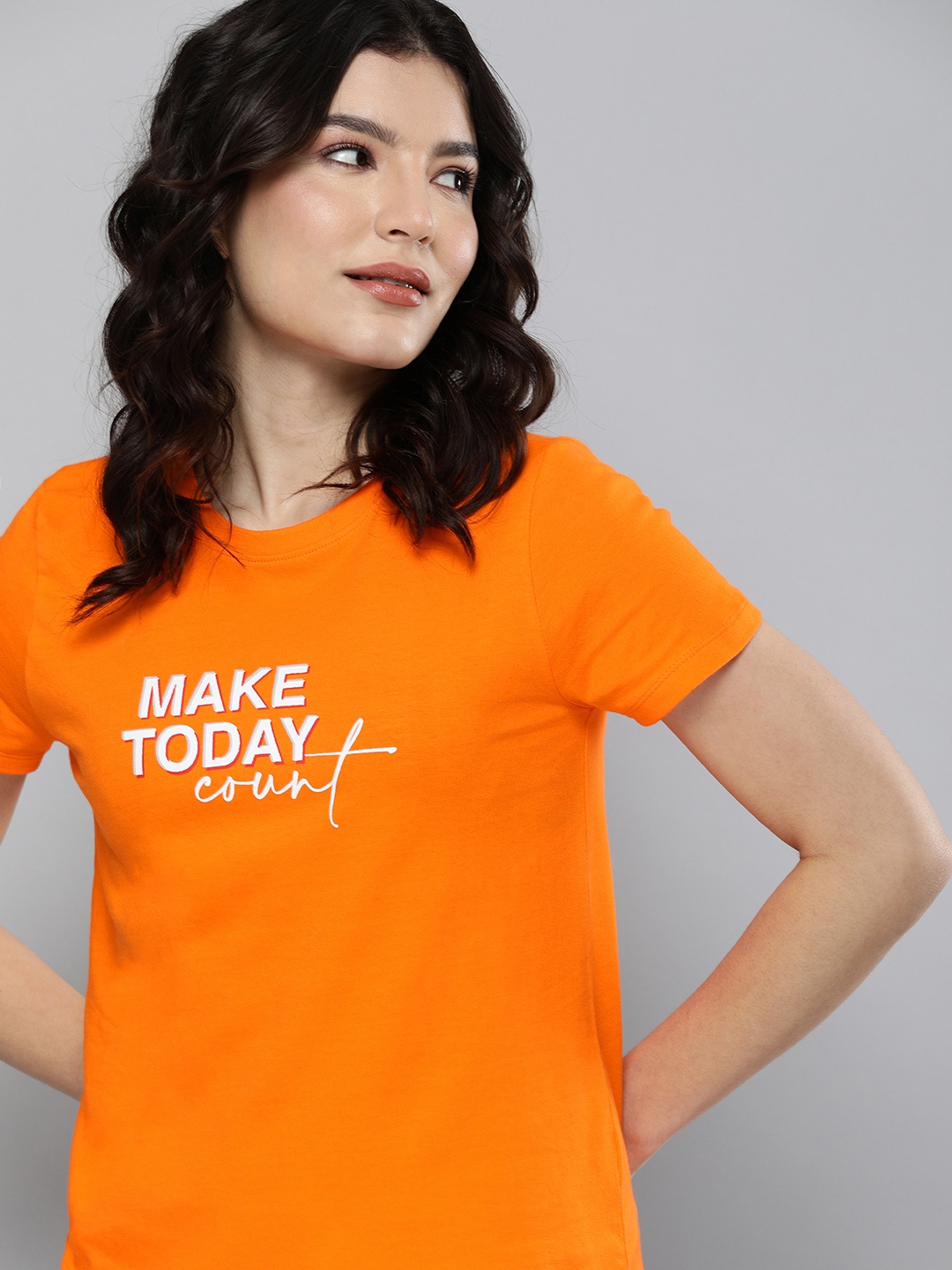 

Mast & Harbour Women Orange Typography Printed Pure Cotton T-shirt