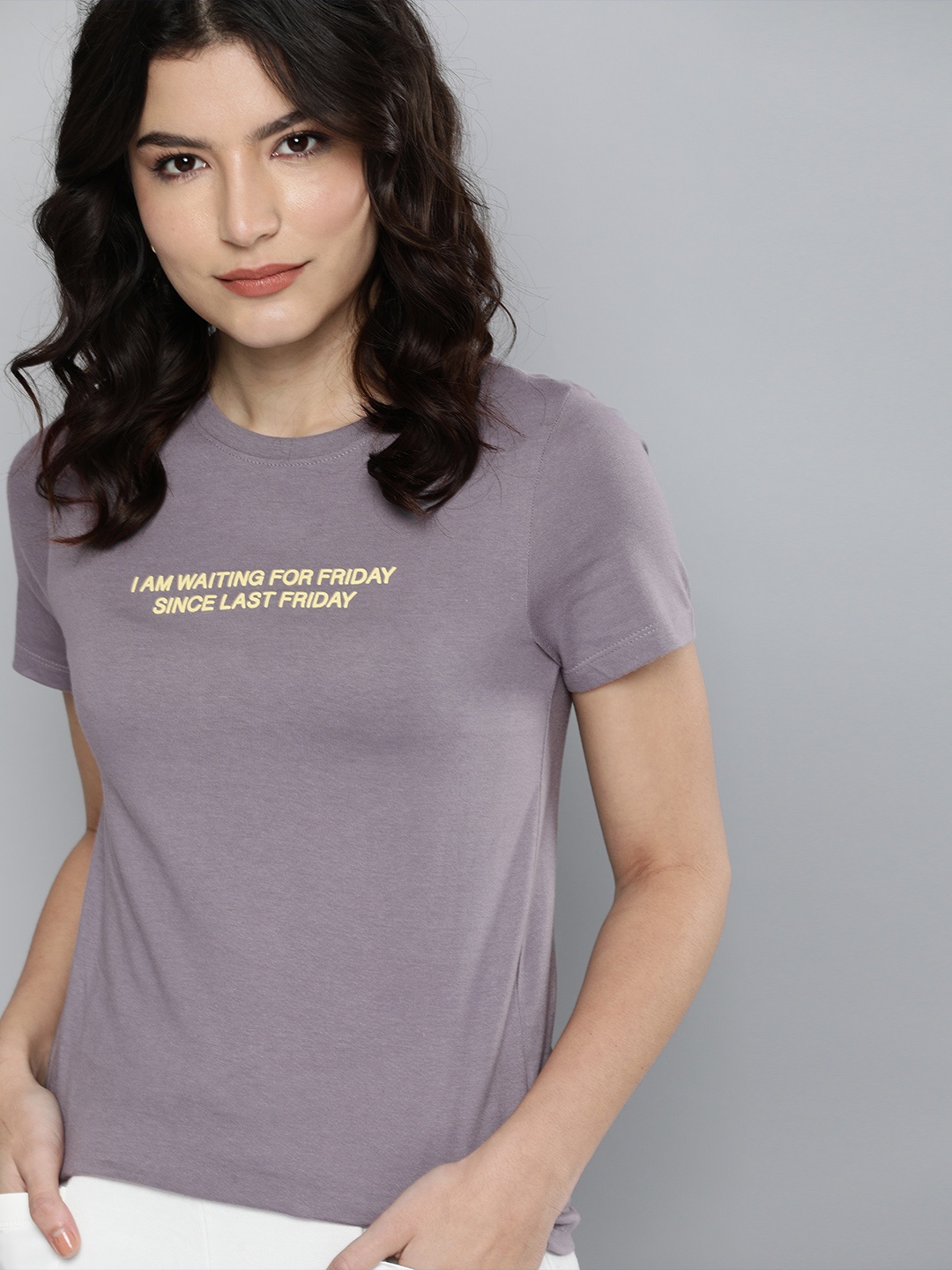 

Mast & Harbour Women Grey Typography Printed Pure Cotton T-shirt