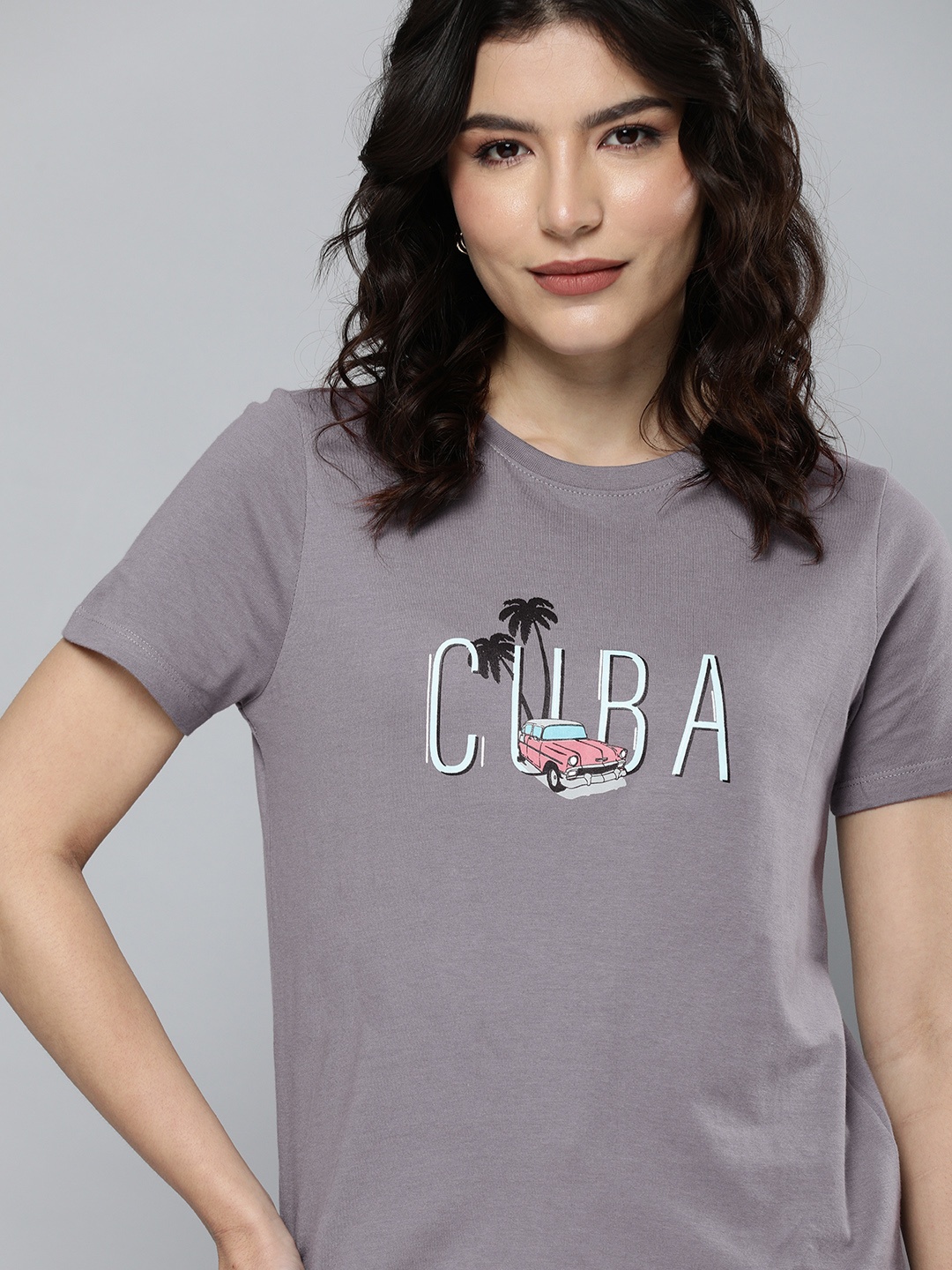 

Mast & Harbour Women Grey Typography Printed Pure Cotton T-shirt