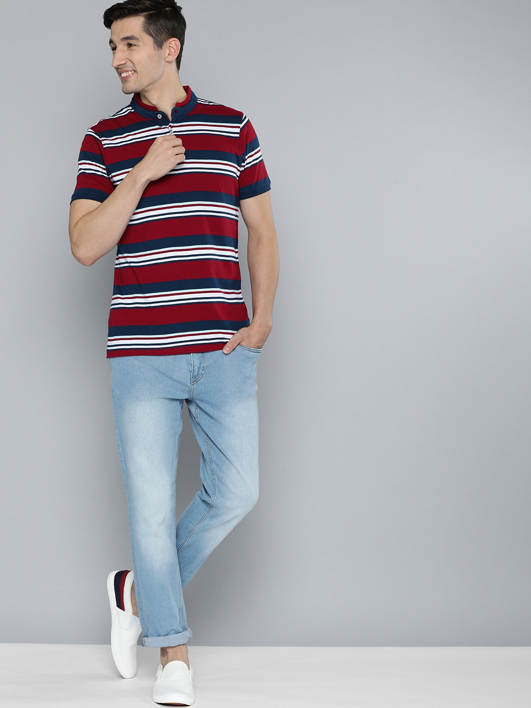 

Mast & Harbour Men Red & Navy Blue Striped Mandarin Collar Pure Cotton T-shirt