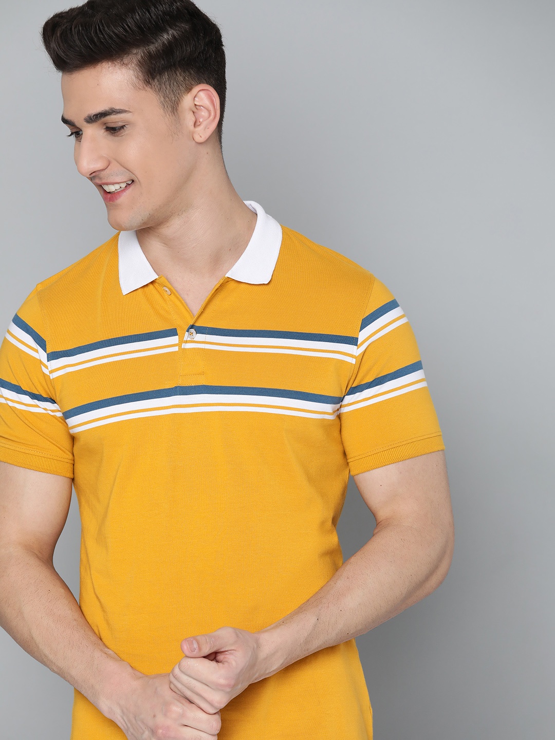 

Mast & Harbour Men Mustard Yellow & White Pure Cotton Striped Polo Collar T-shirt