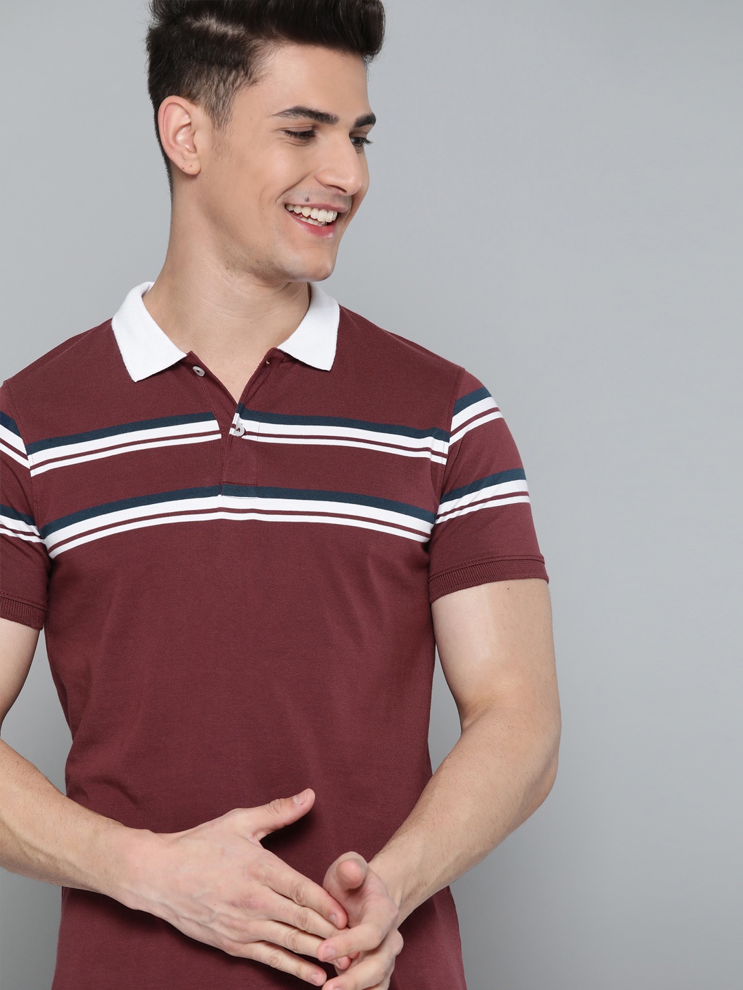 

Mast & Harbour Men Burgundy & White Pure Cotton Striped Polo Collar T-shirt