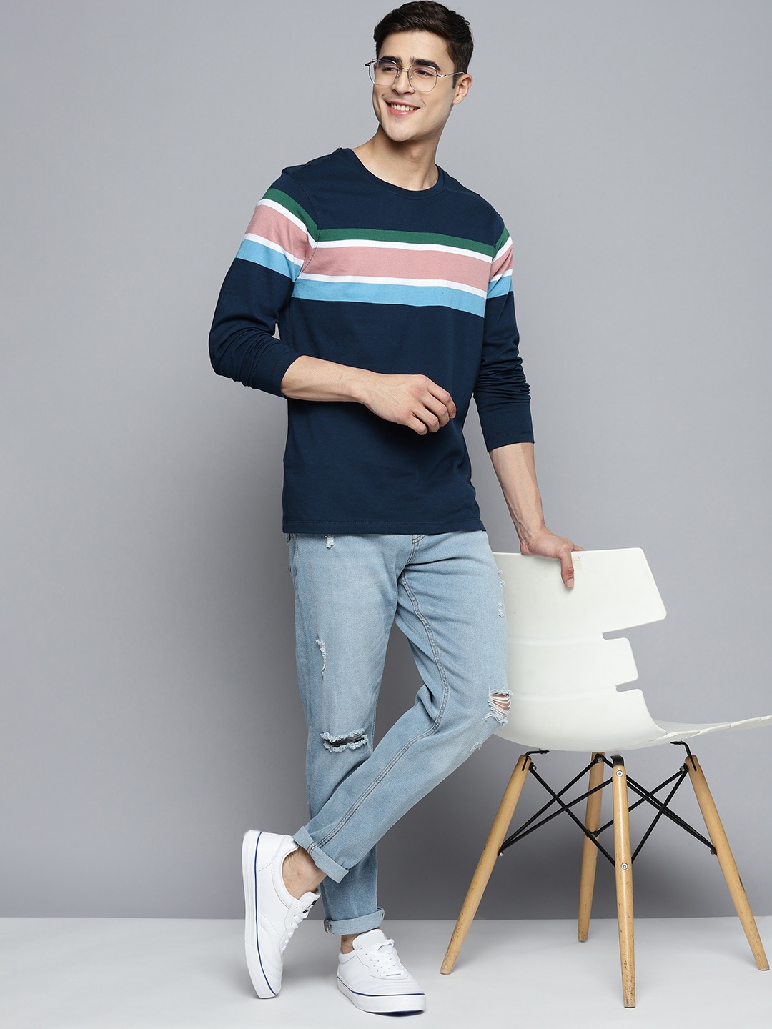

Mast & Harbour Men Striped Pure Cotton T-shirt, Navy blue