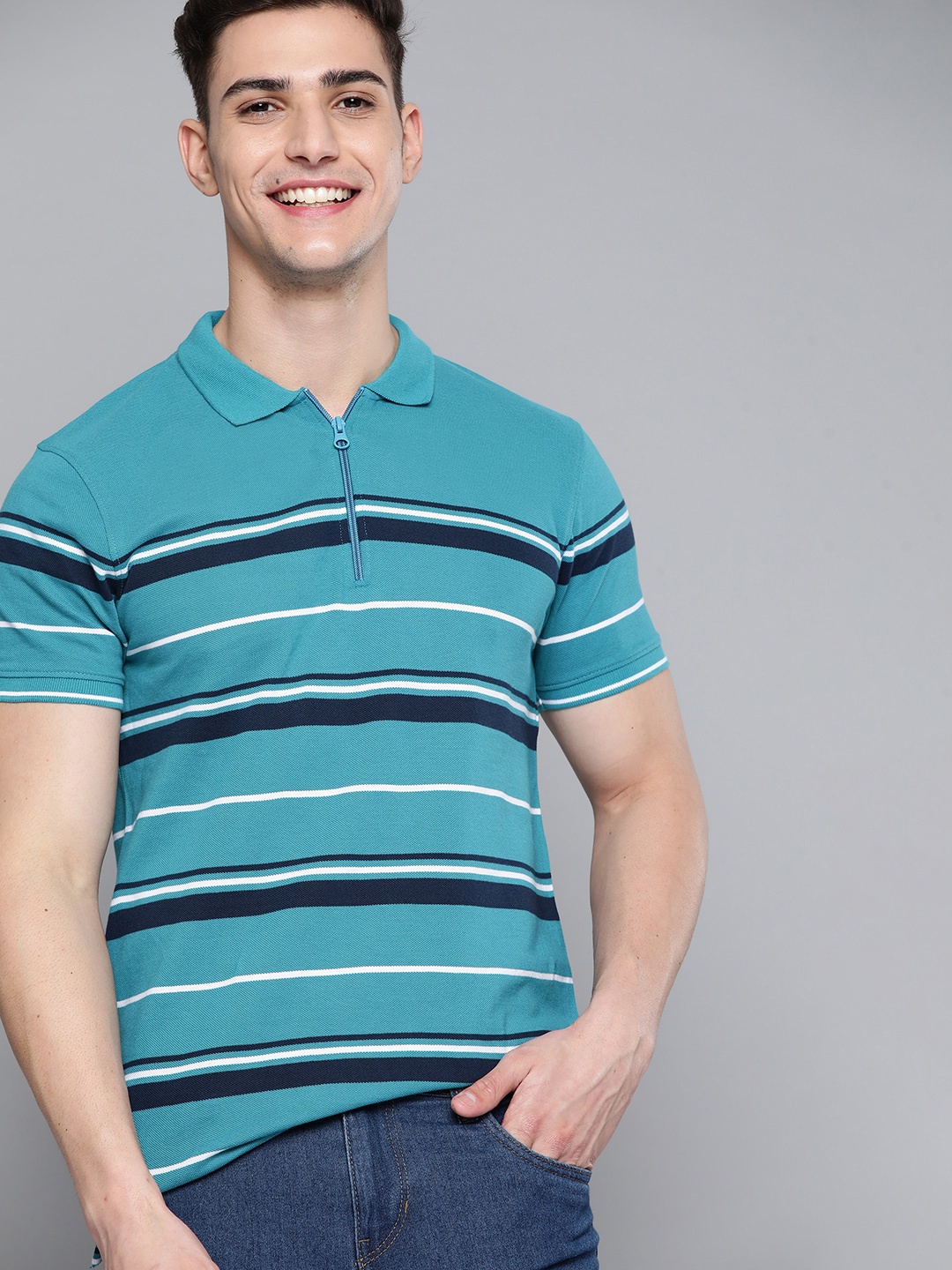 

Mast & Harbour Men Blue Striped Pure Cotton T-shirt