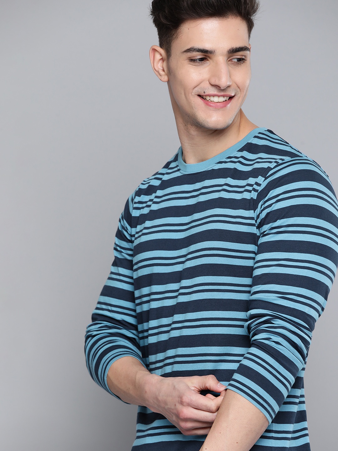 

Mast & Harbour Men Blue Striped Pure Cotton T-shirt