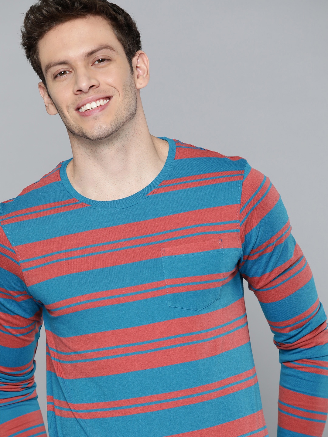 

Mast & Harbour Men Blue & Rust Red Striped Pure Cotton T-shirt