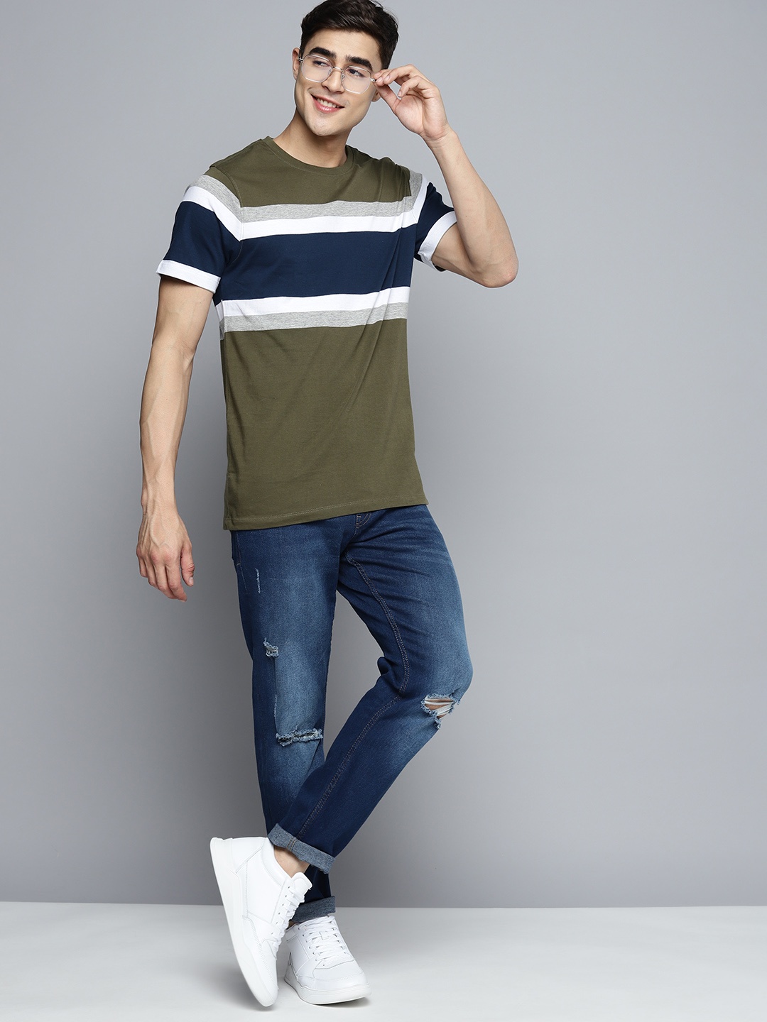 

Mast & Harbour Men Striped T-shirt, Olive
