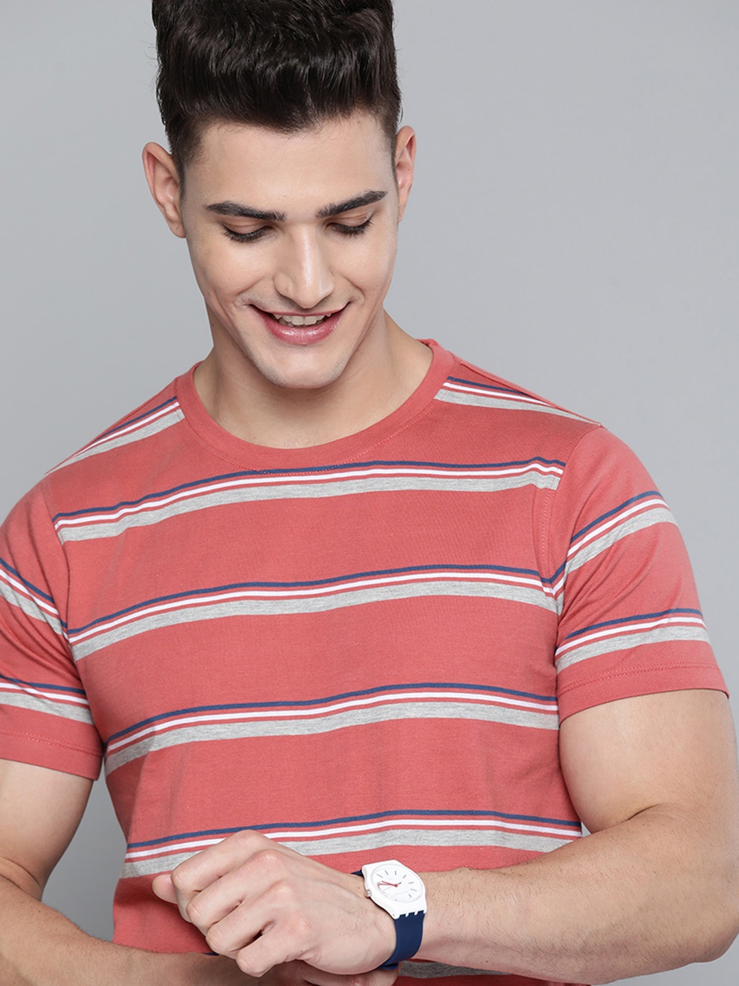 

Mast & Harbour Men Rose & Grey Melange Striped Pure Cotton T-shirt