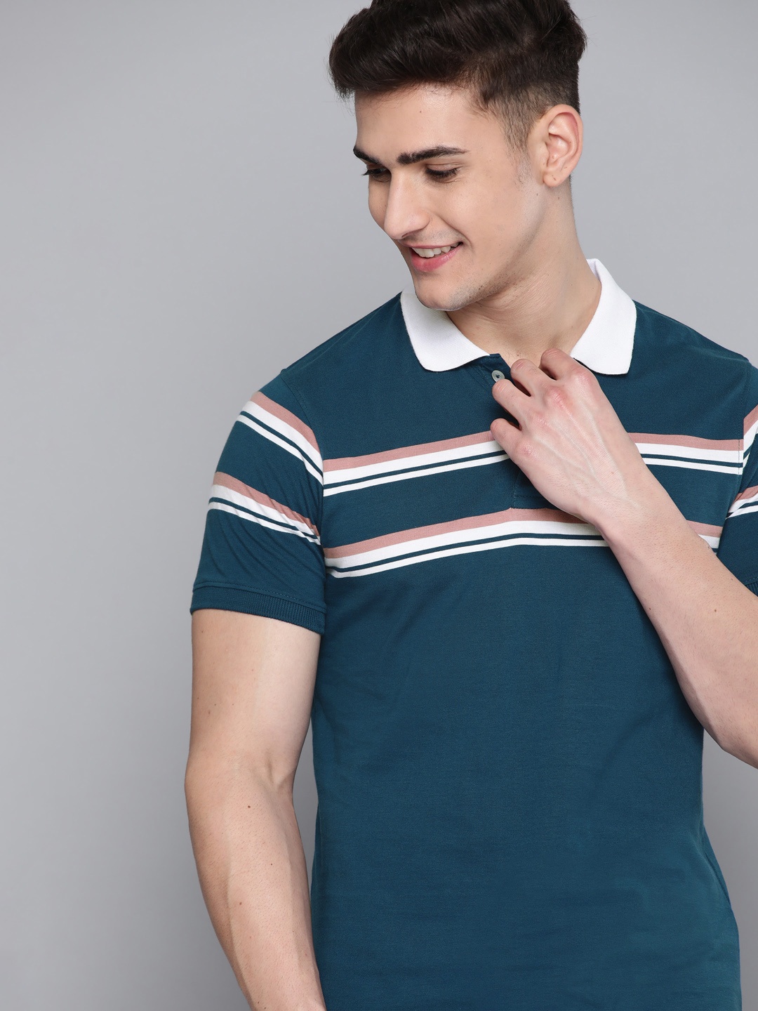 

Mast & Harbour Men Navy Blue & White Striped Polo Collar Pure Cotton T-shirt