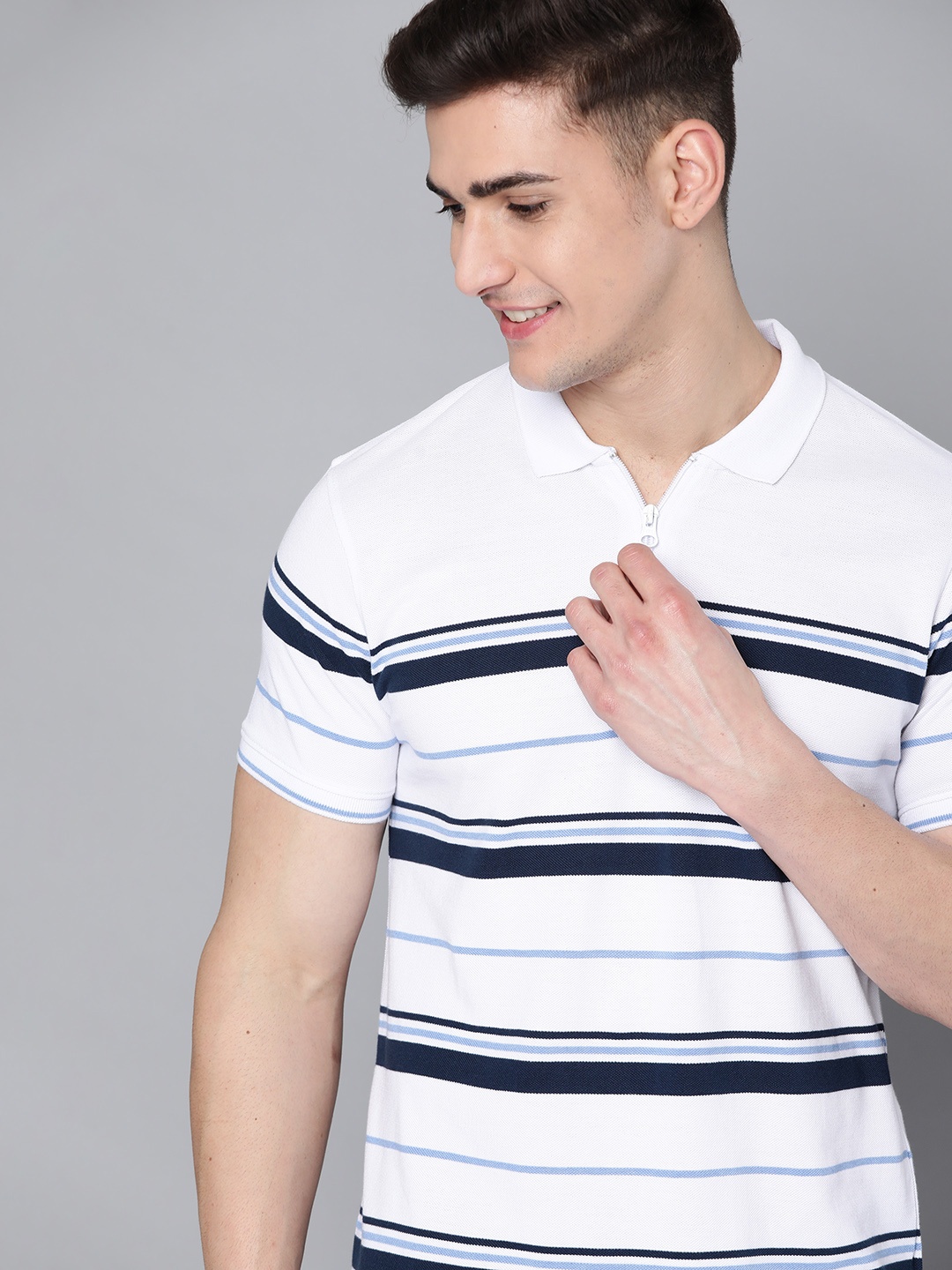 

Mast & Harbour Men White & Blue Striped Pure Cotton T-shirt