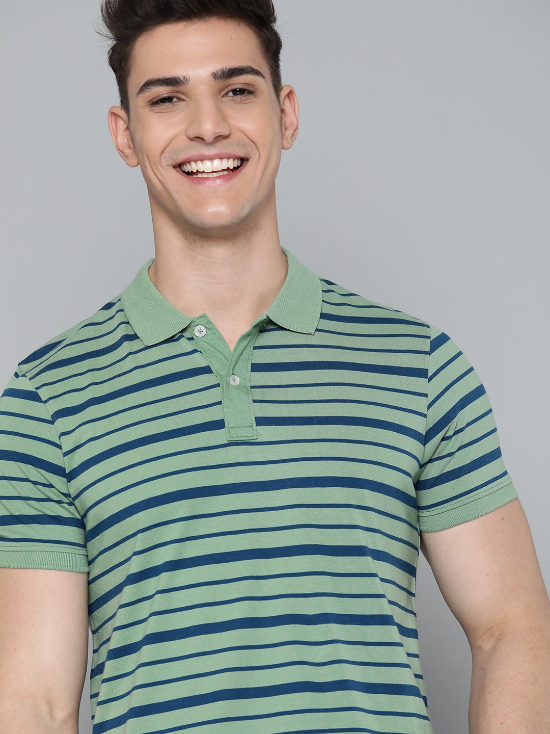 

Mast & Harbour Men Green & Blue Pure Cotton Striped Polo Collar T-shirt