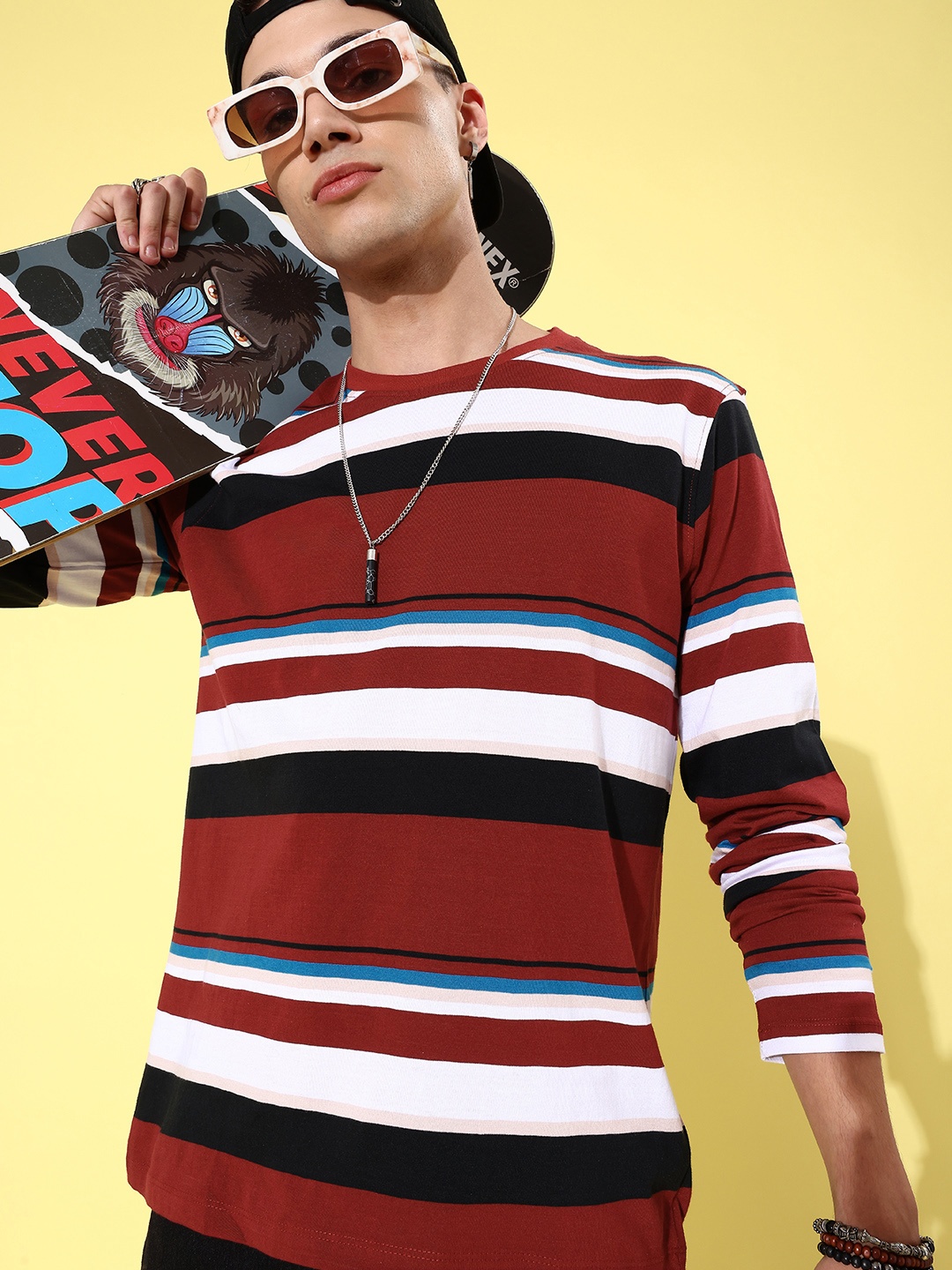 

Mast & Harbour Men Maroon & White Striped Cotton T-shirt