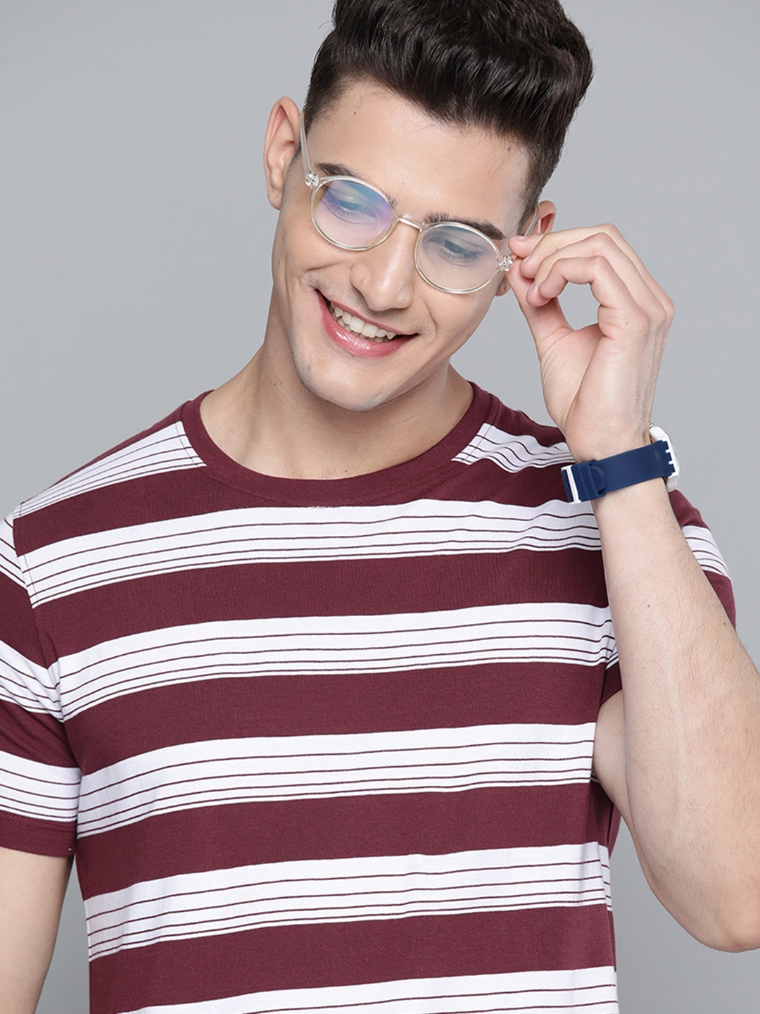 

Mast & Harbour Men Burgundy & White Pure Cotton Striped T-shirt