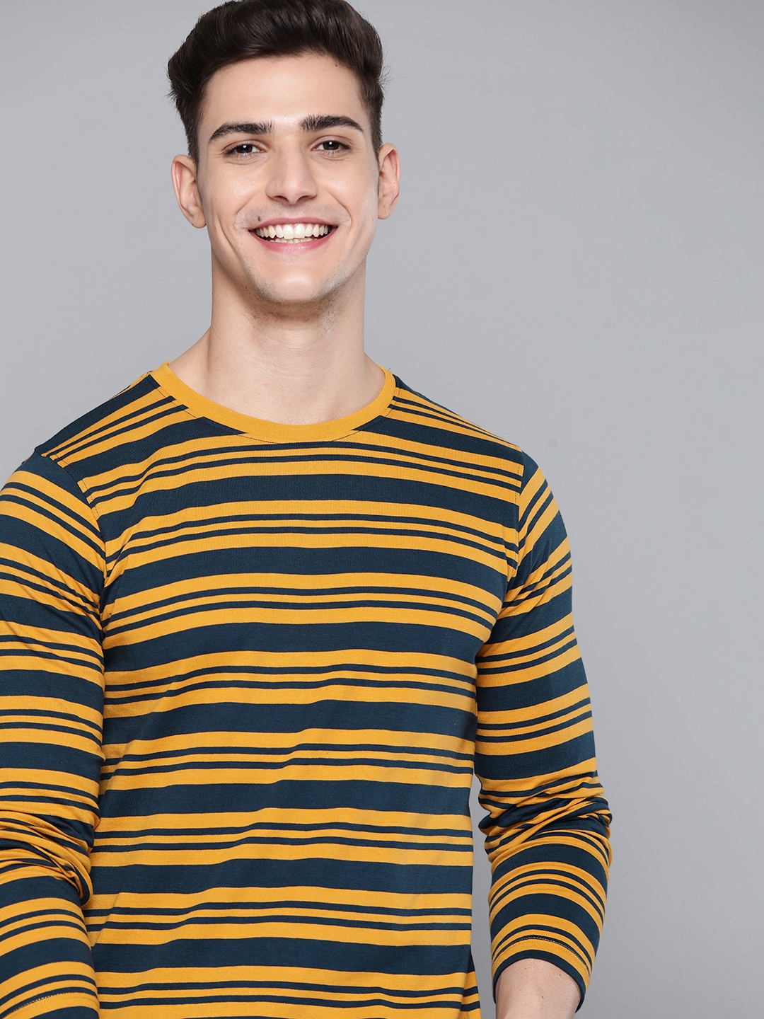 

Mast & Harbour Men Mustard Yellow & Navy Blue Striped Pure Cotton T-shirt