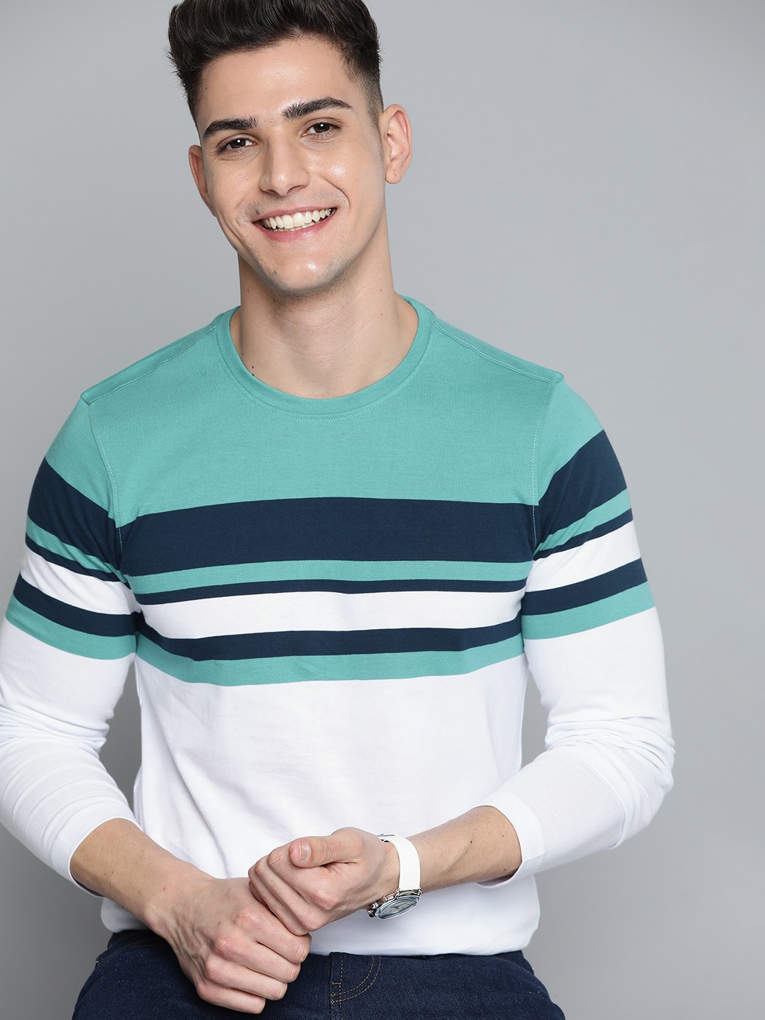

Mast & Harbour Men White & Green Striped Pure Cotton T-shirt
