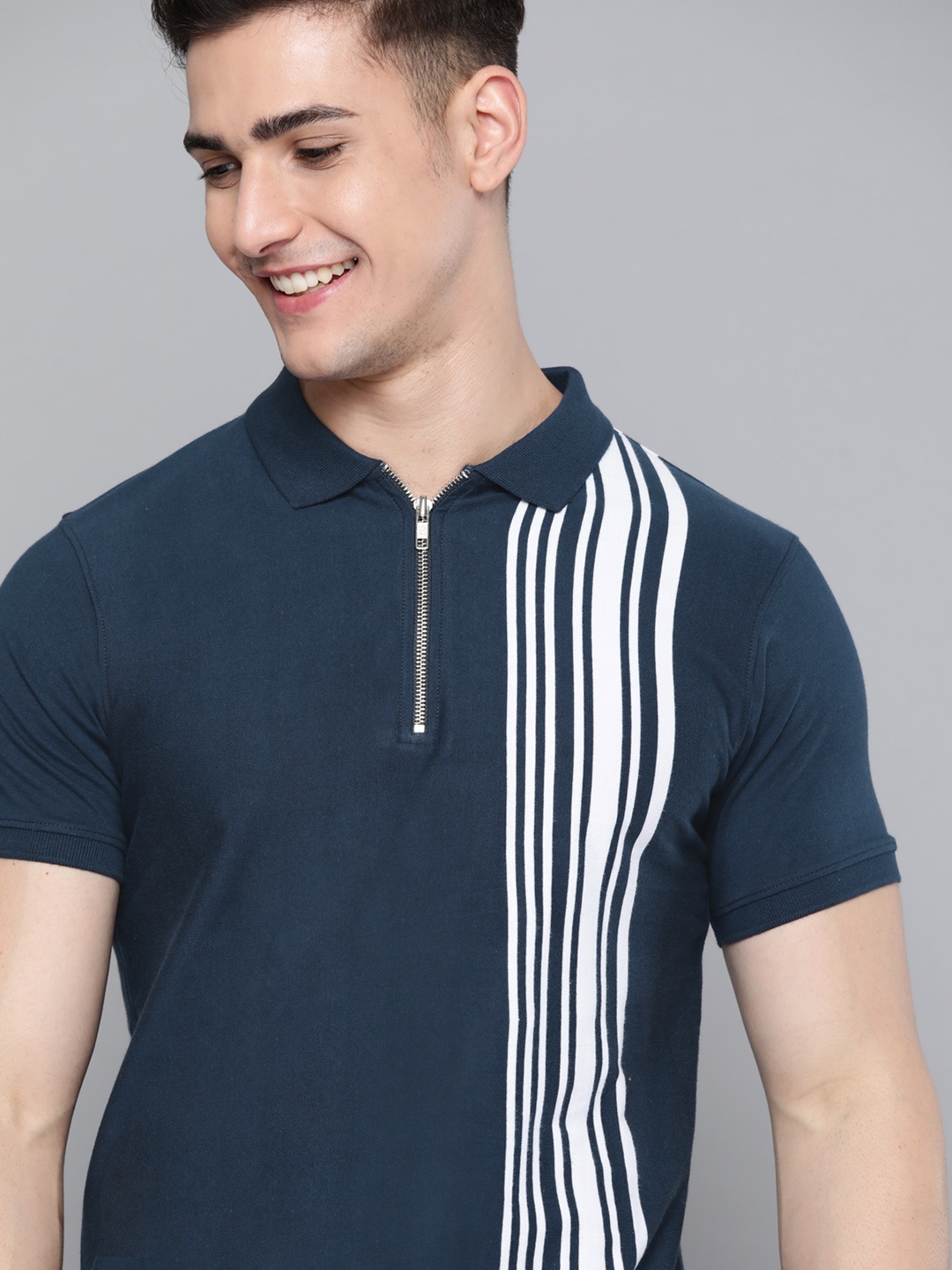 

Mast & Harbour Men Navy Blue & White Striped Pure Cotton Spread Collar T-shirt
