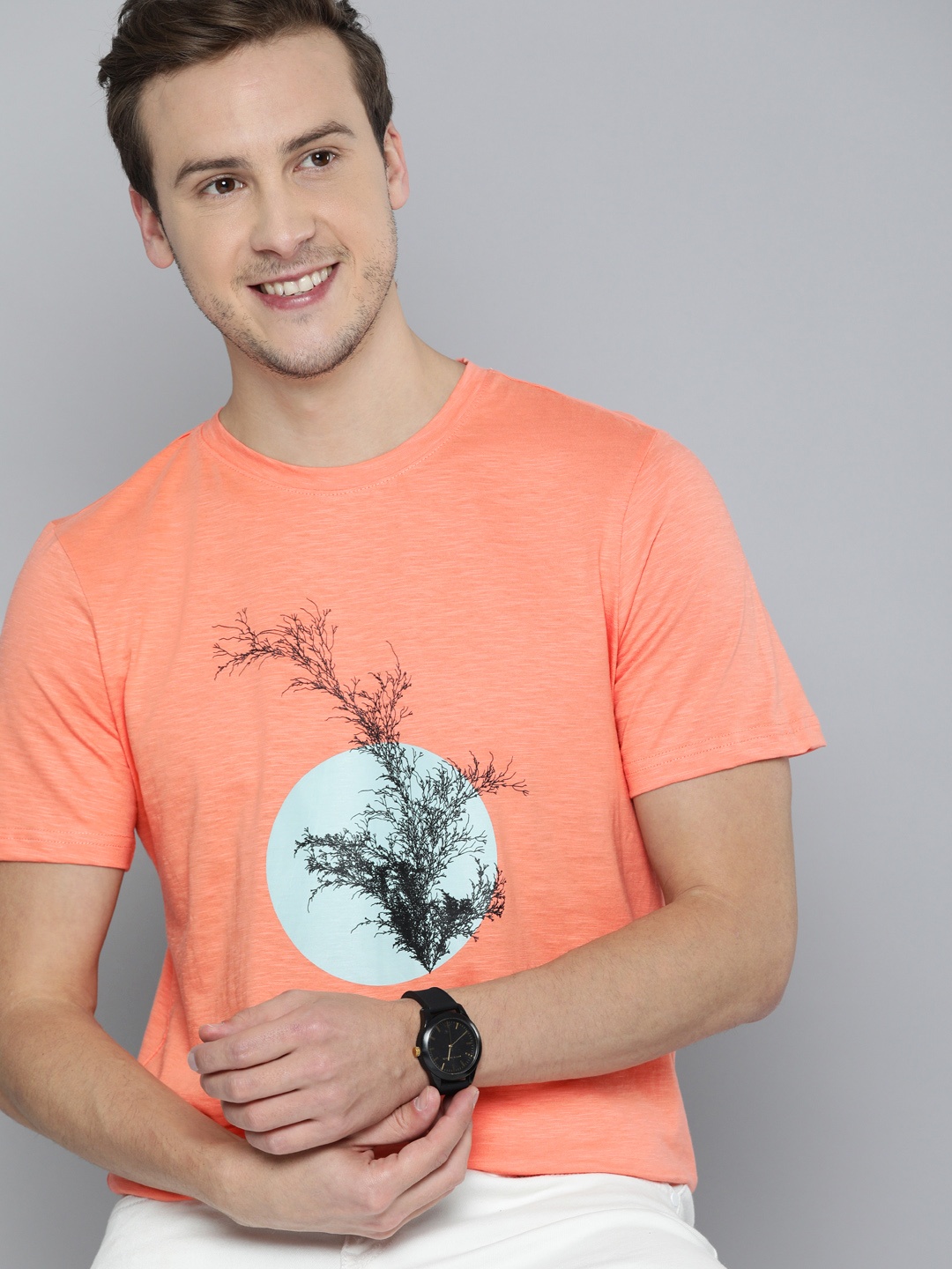

Mast Harbour Men Orange Black Printed Pure Cotton T-shirt