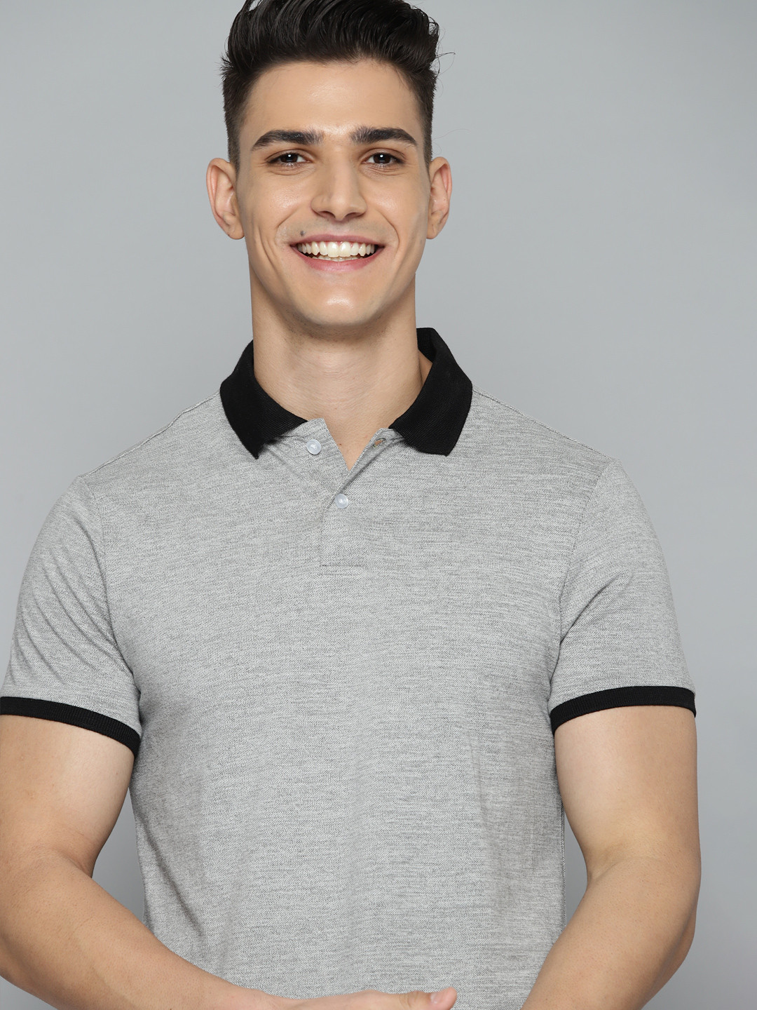 

Mast & Harbour Men Grey Melange & Black Pure Cotton Polo Collar T-shirt