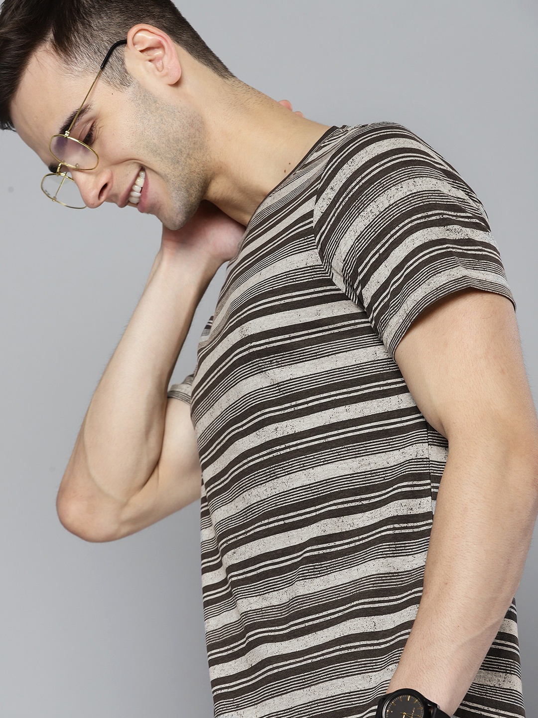 

Mast Harbour Men Grey Brown Pure Cotton Striped Pure Cotton T-shirt