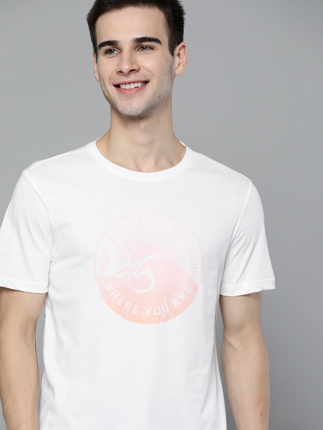 

Mast & Harbour Men White & Peach- Coloured Pure Cotton Printed T-shirt