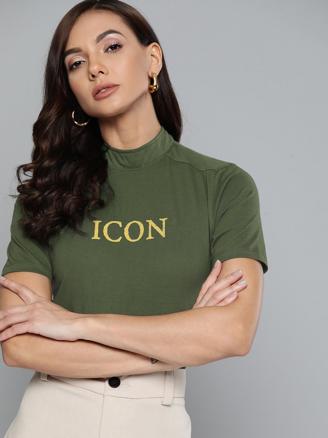 

Chemistry Women Olive Green High Neck Pure Cotton T-shirt