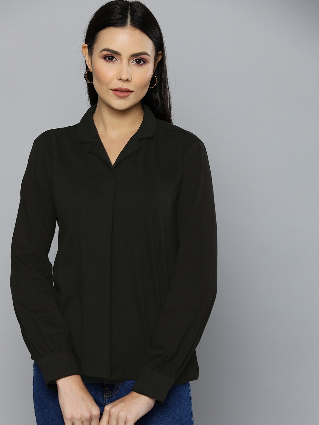 Chemistry Women Black Solid Pure Cotton Top