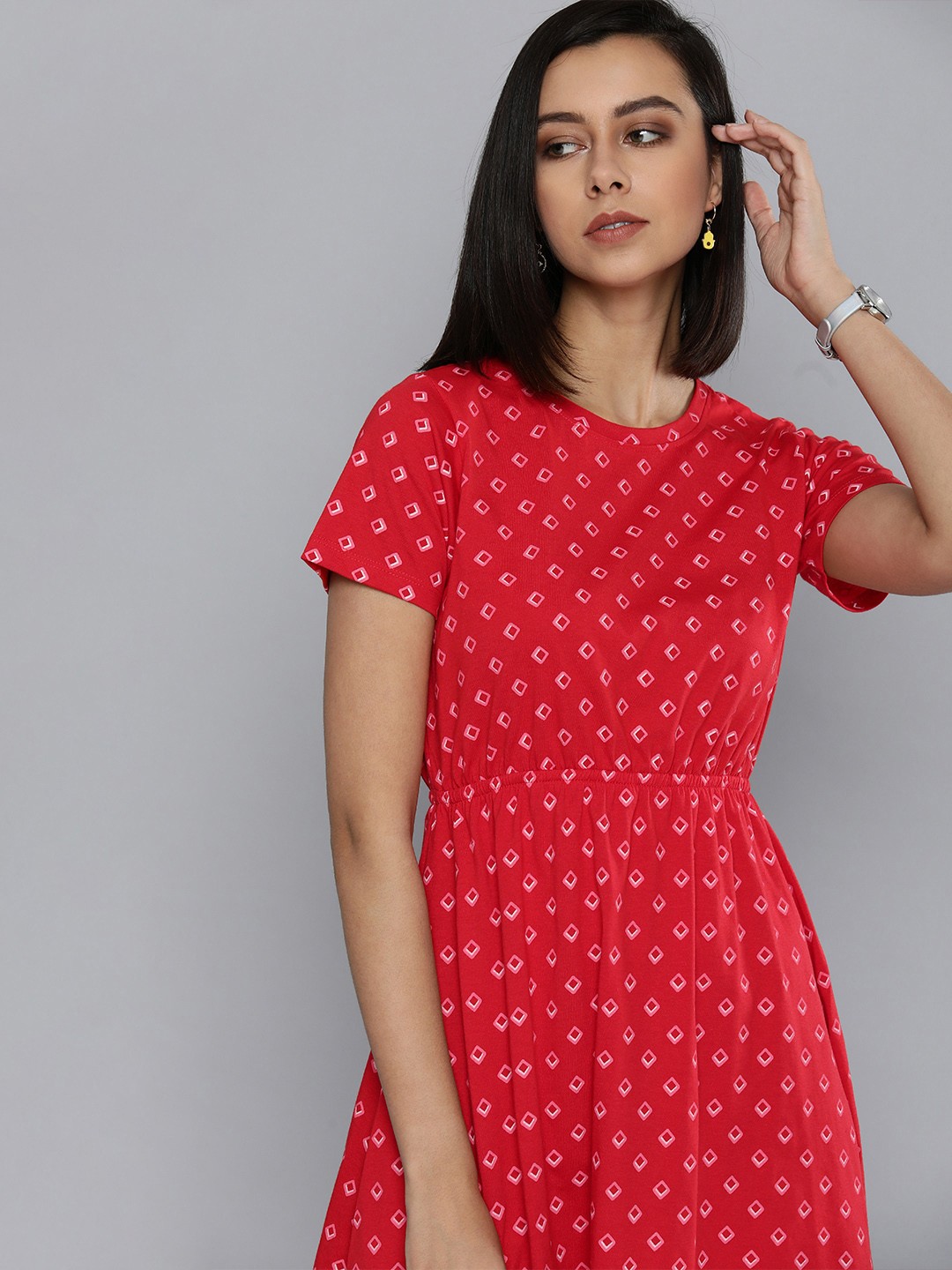 

Chemistry Women Red Geometric Printed Pure Cotton Fit And Flare Dress
