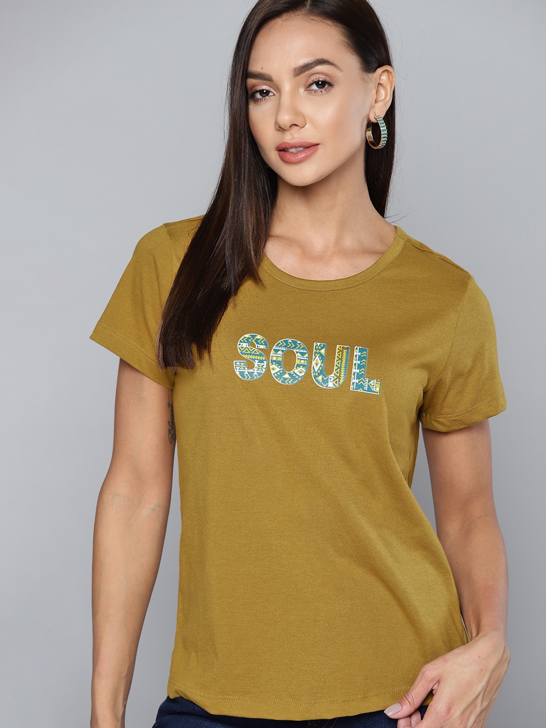 

Chemistry Women Khaki Typography Printed Pure Cotton T-shirt