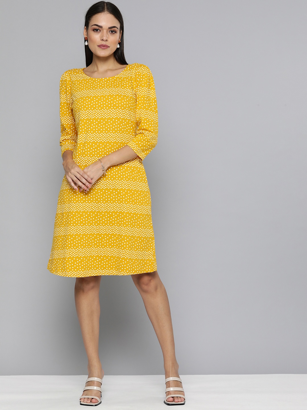 

Chemistry Mustard Yellow & White Printed Pure Cotton Shift Dress