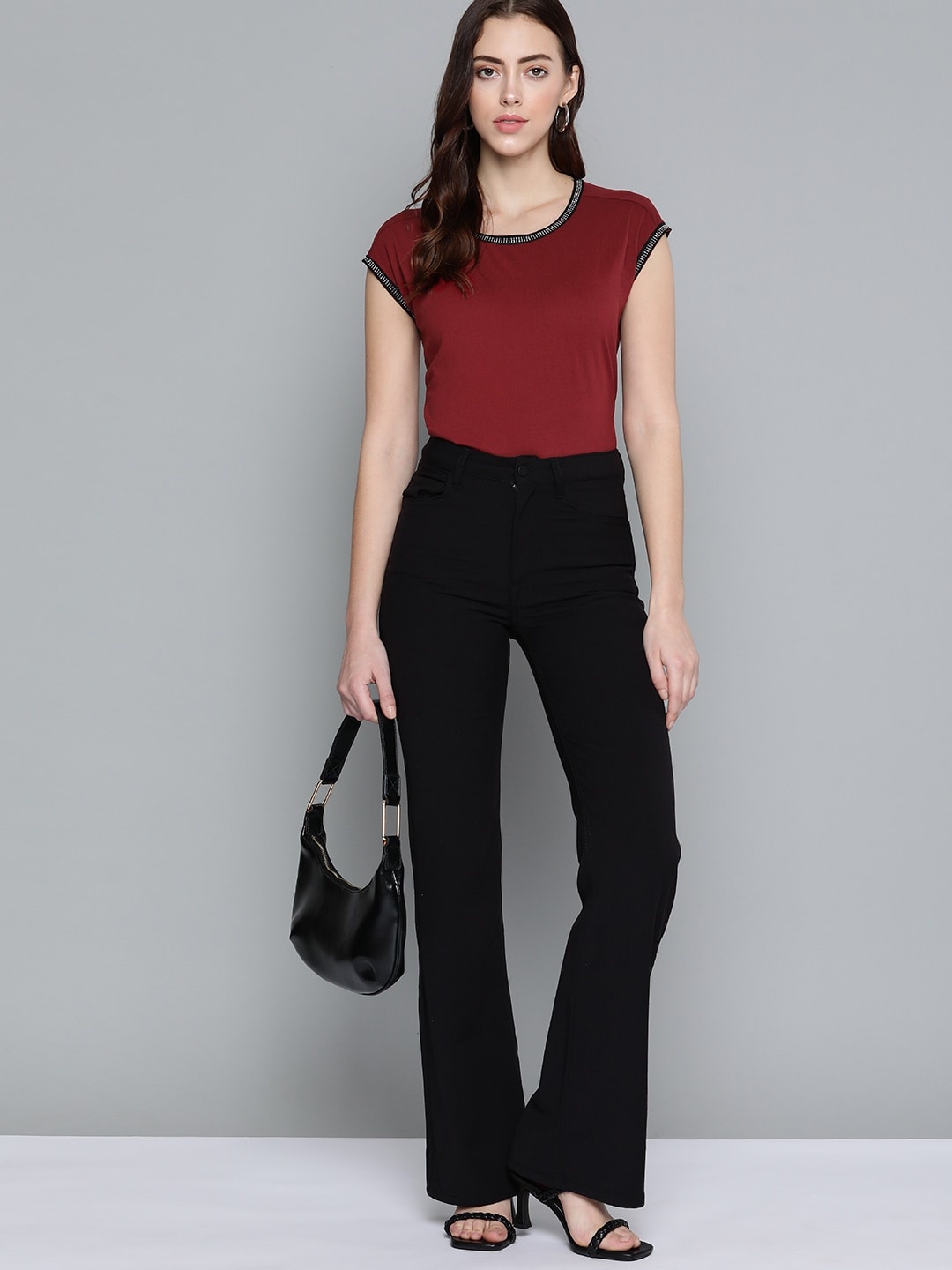 

Chemistry Women Maroon Solid Extended Sleeves Embellished Pure Cotton T-shirt