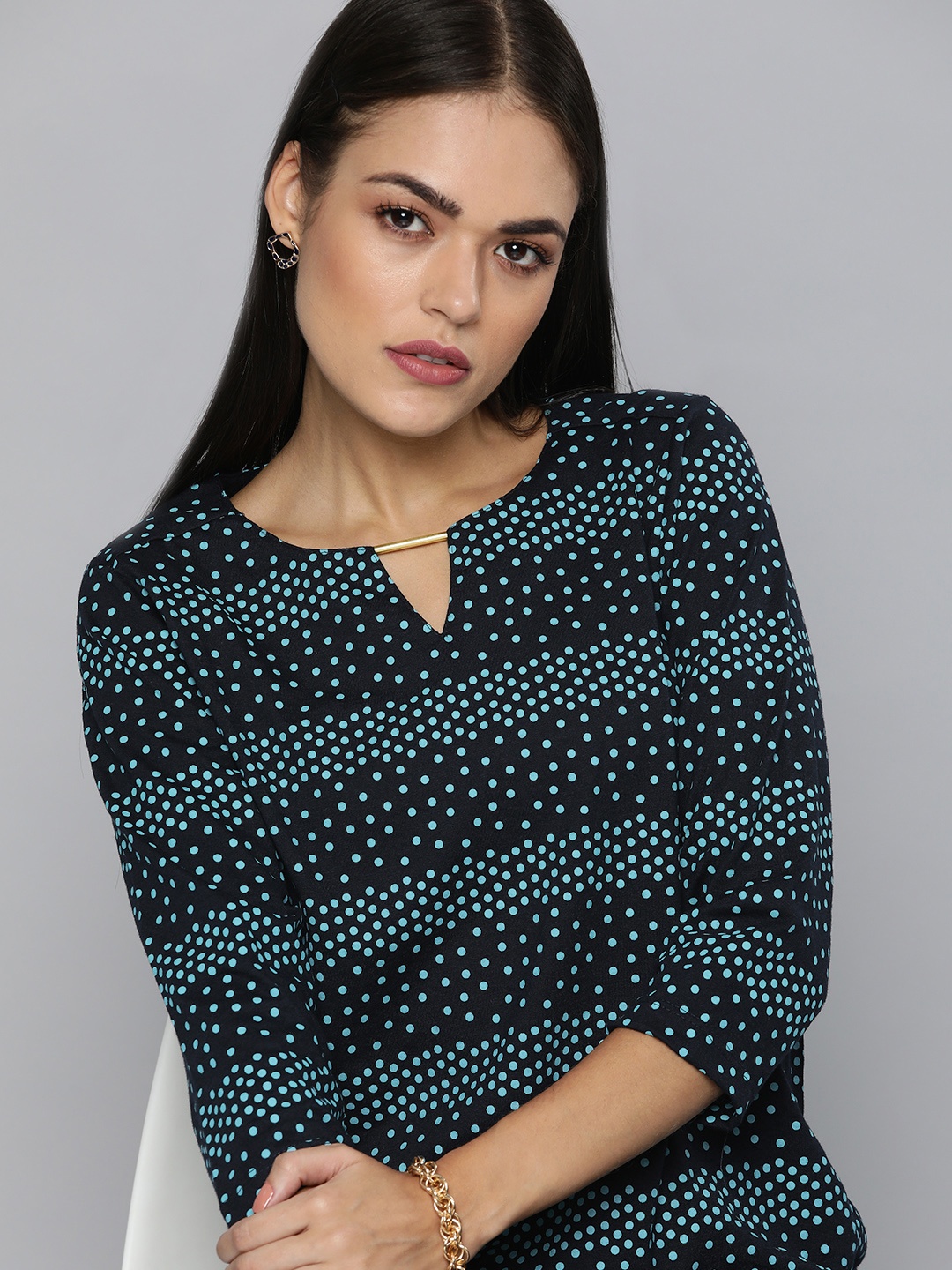 

Chemistry Women Navy Blue Printed Pure Cotton T-shirt with Trim Detail