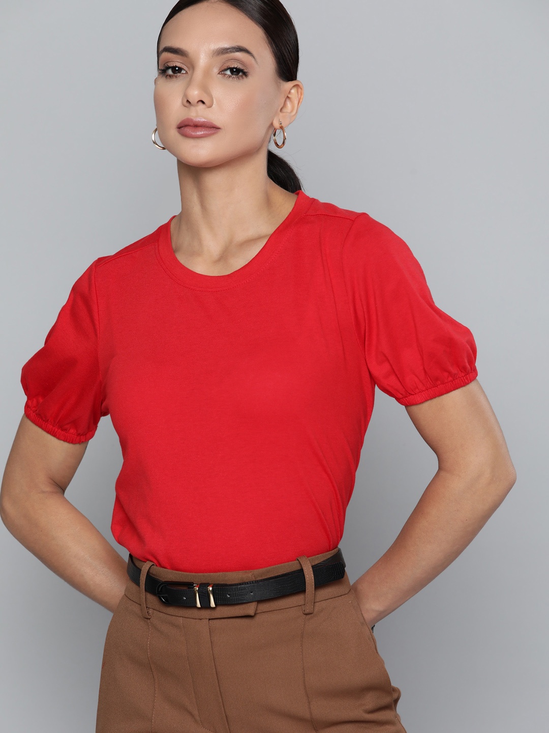 

Chemistry Women Red Pure Cotton Puff Sleeves Solid T-shirt