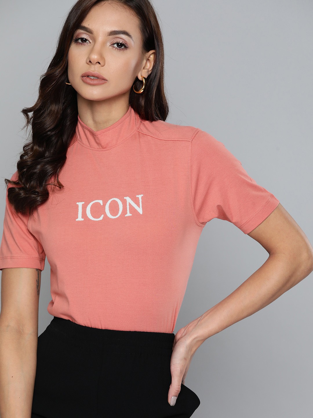 

Chemistry Women Peach-Coloured High Neck Pure Cotton T-shirt