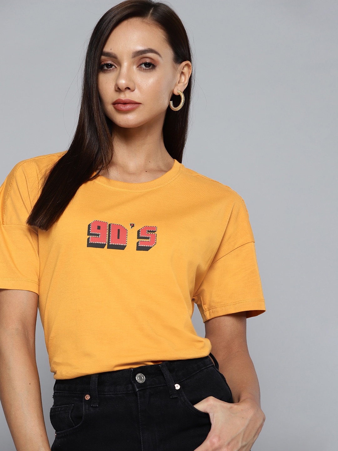 

Chemistry Women Mustard Yellow Printed Drop-Shoulder Sleeves Pure Cotton T-shirt