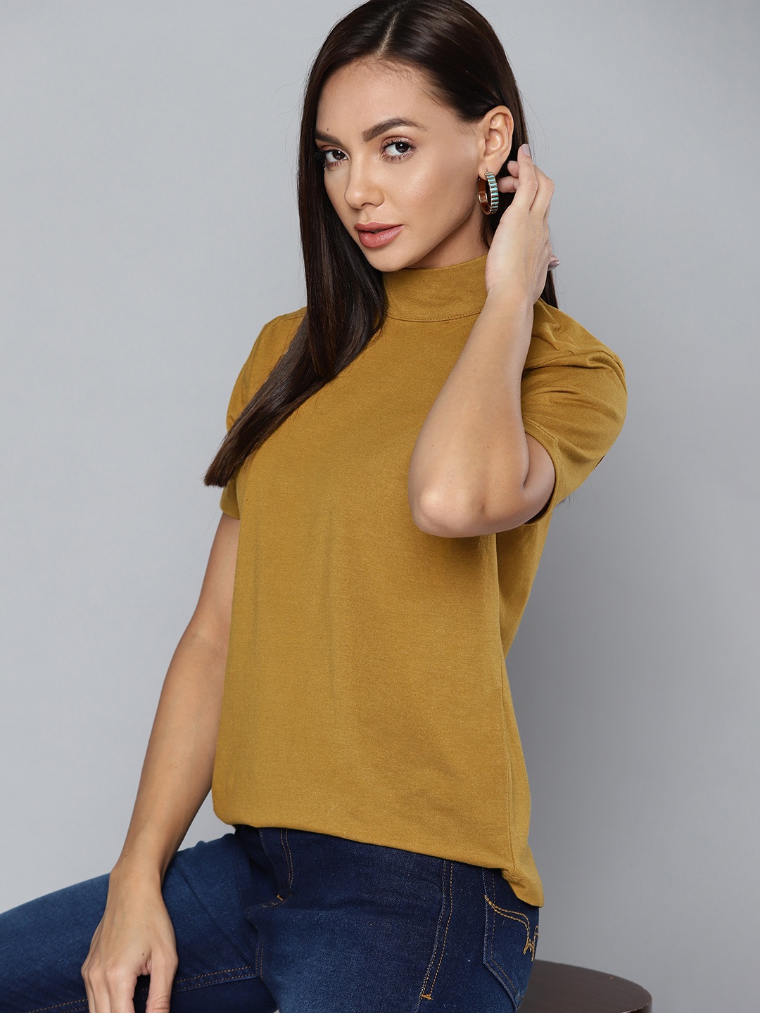 

Chemistry Khaki Pure Cotton Solid High Neck Top