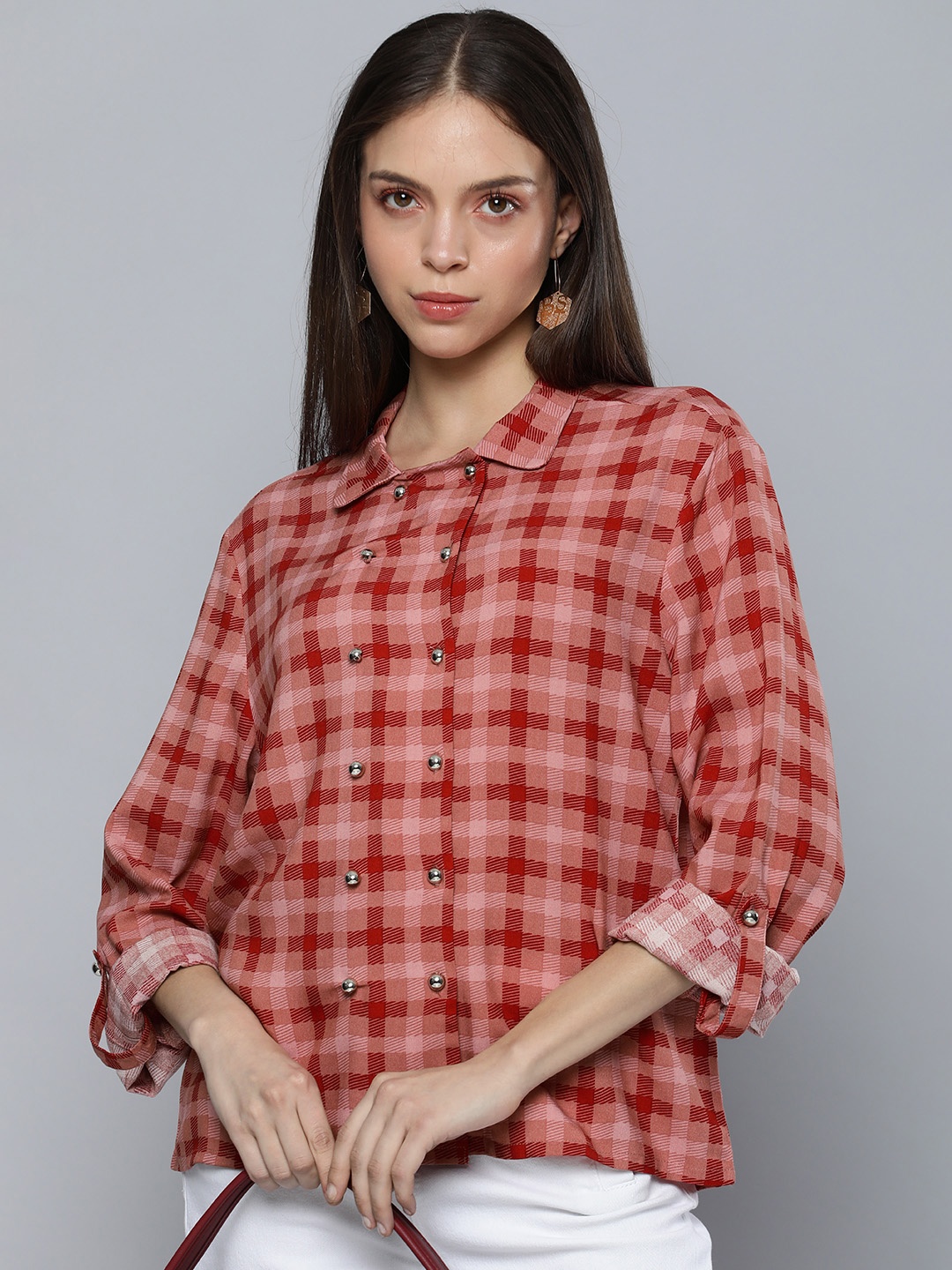 

Chemistry Pink & Red Printed Shirt Style Top With Roll-Up Sleeves