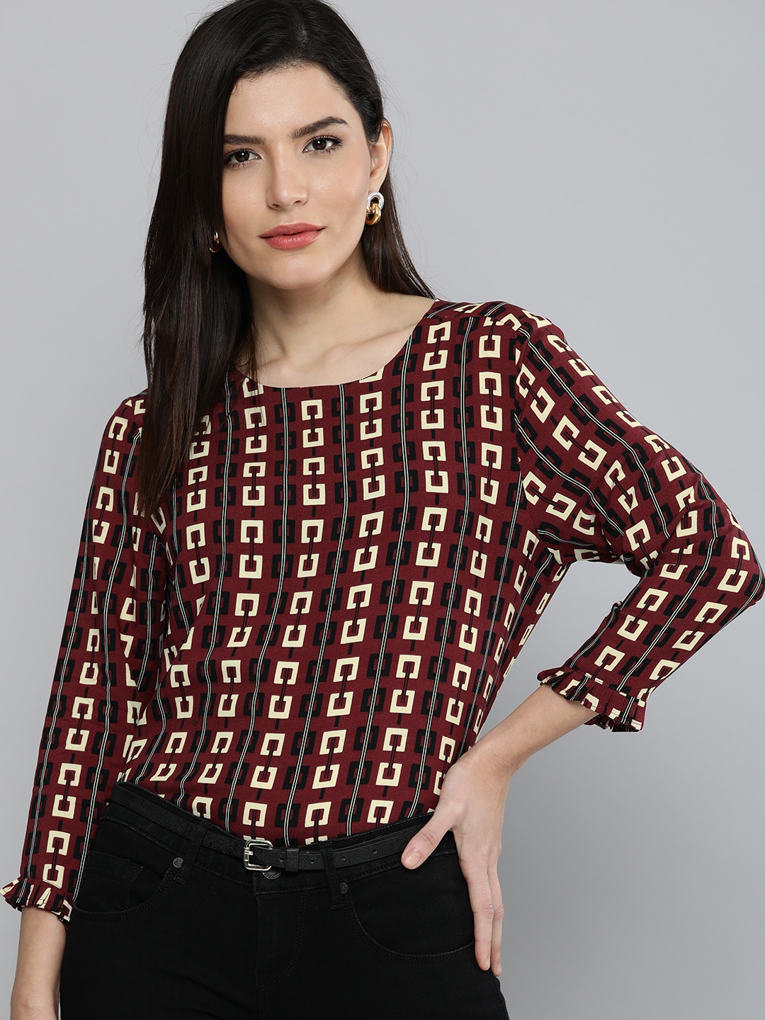 

Chemistry Women Maroon & Black Printed Regular Top, Brown