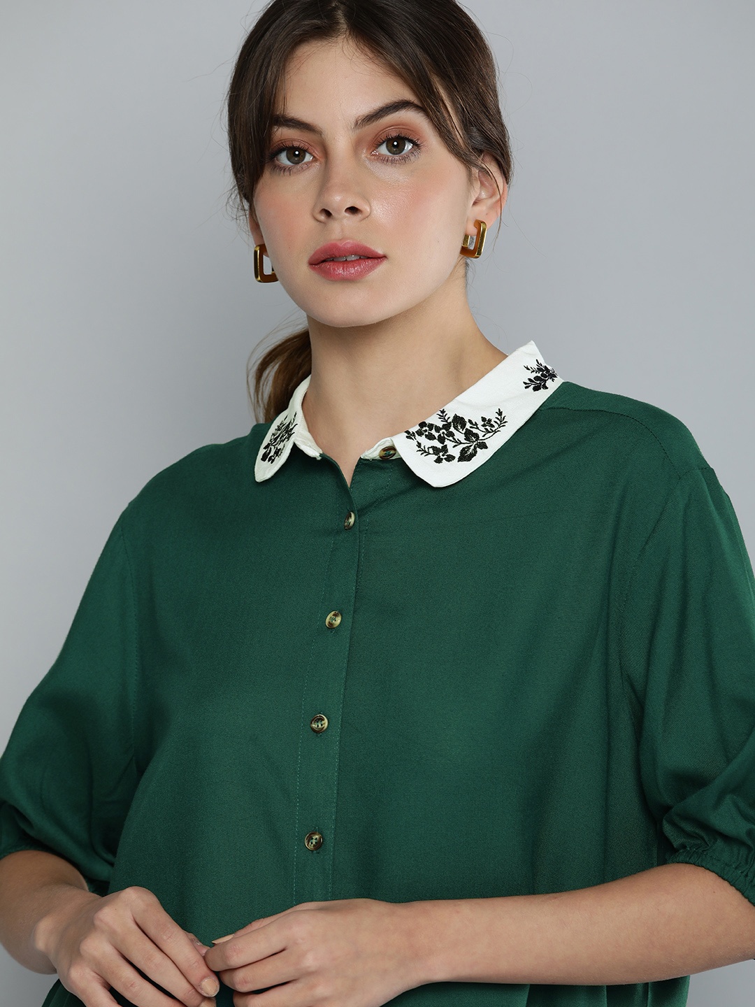 

Chemistry Women Green Solid Casual Shirt
