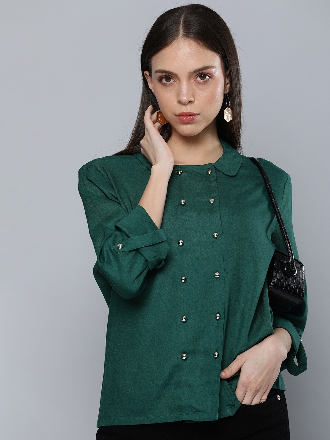 

Chemistry Green Solid Shirt Style Top With Roll-Up Sleeves