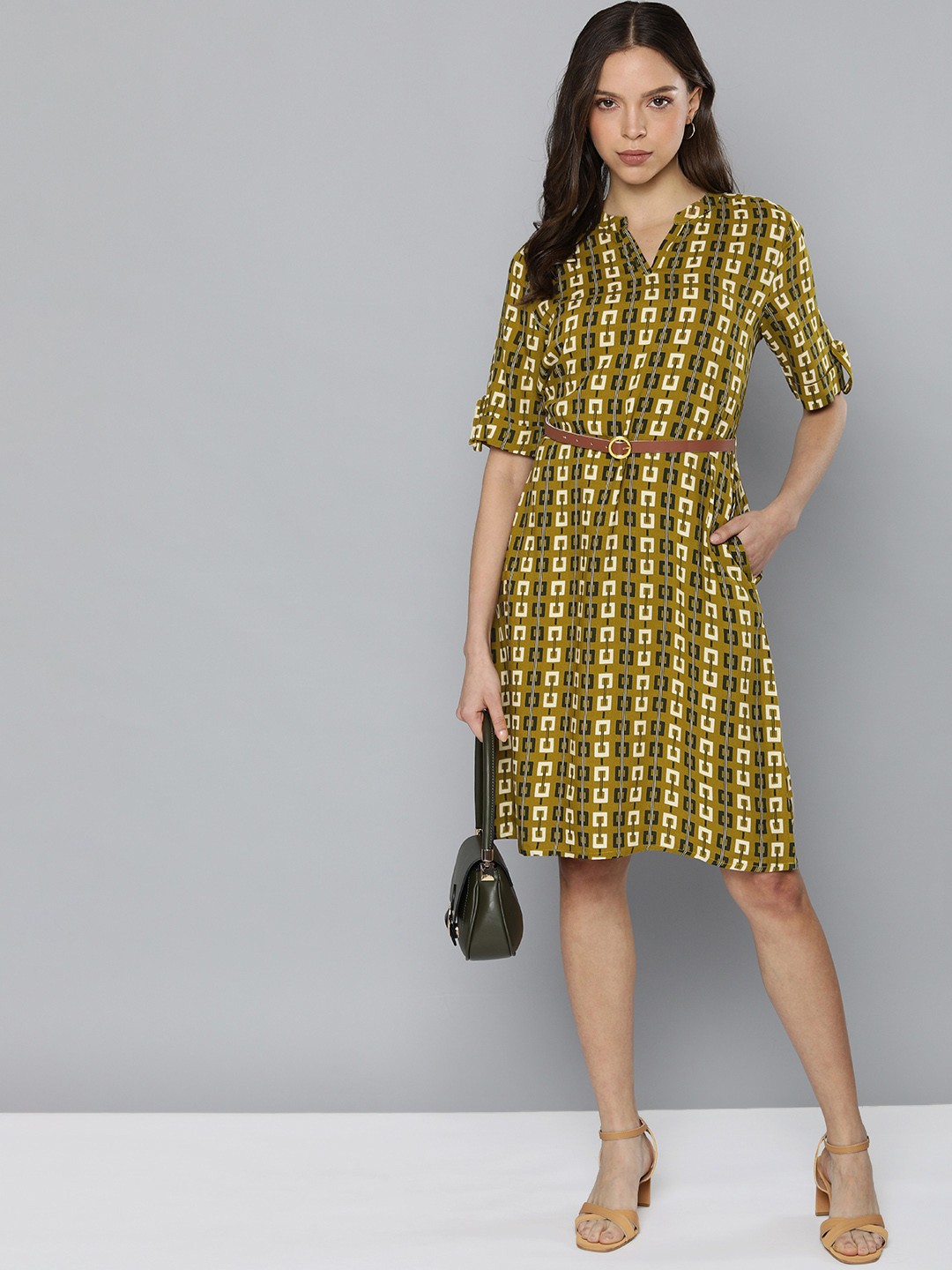 

Chemistry Women Olive Green & Black Printed Shift Dress