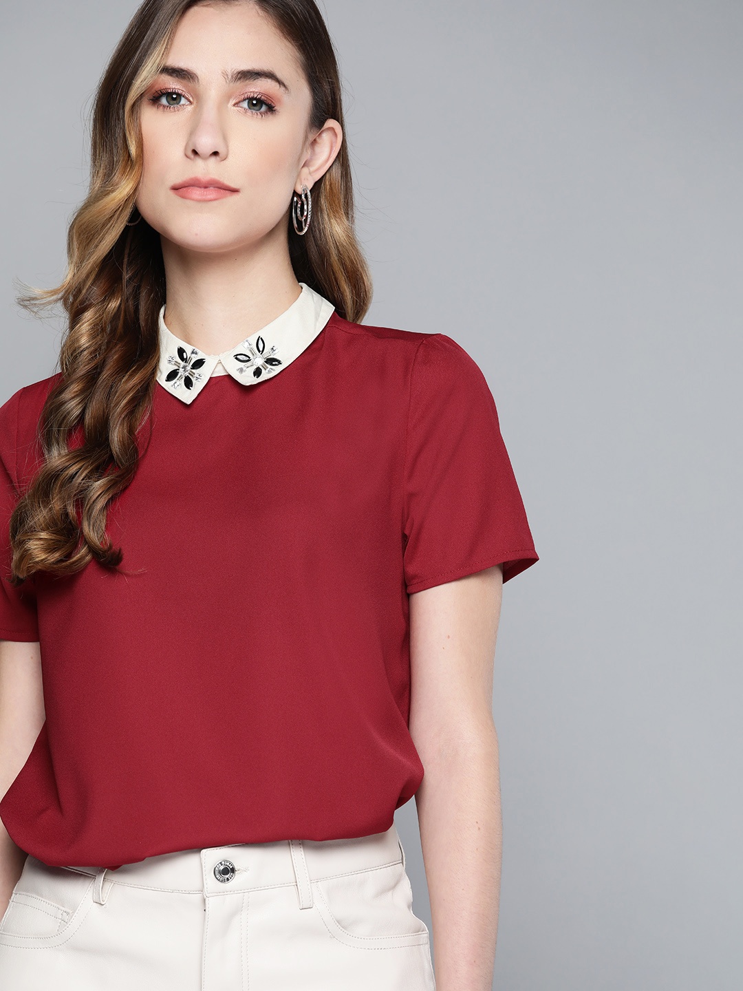

Chemistry Maroon Solid Embellished Collar Top