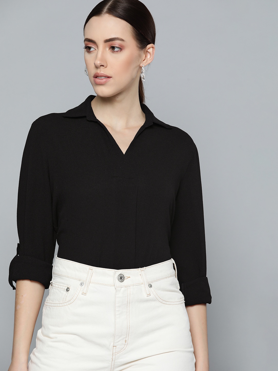 

Chemistry Women Black Solid Casual Shirt