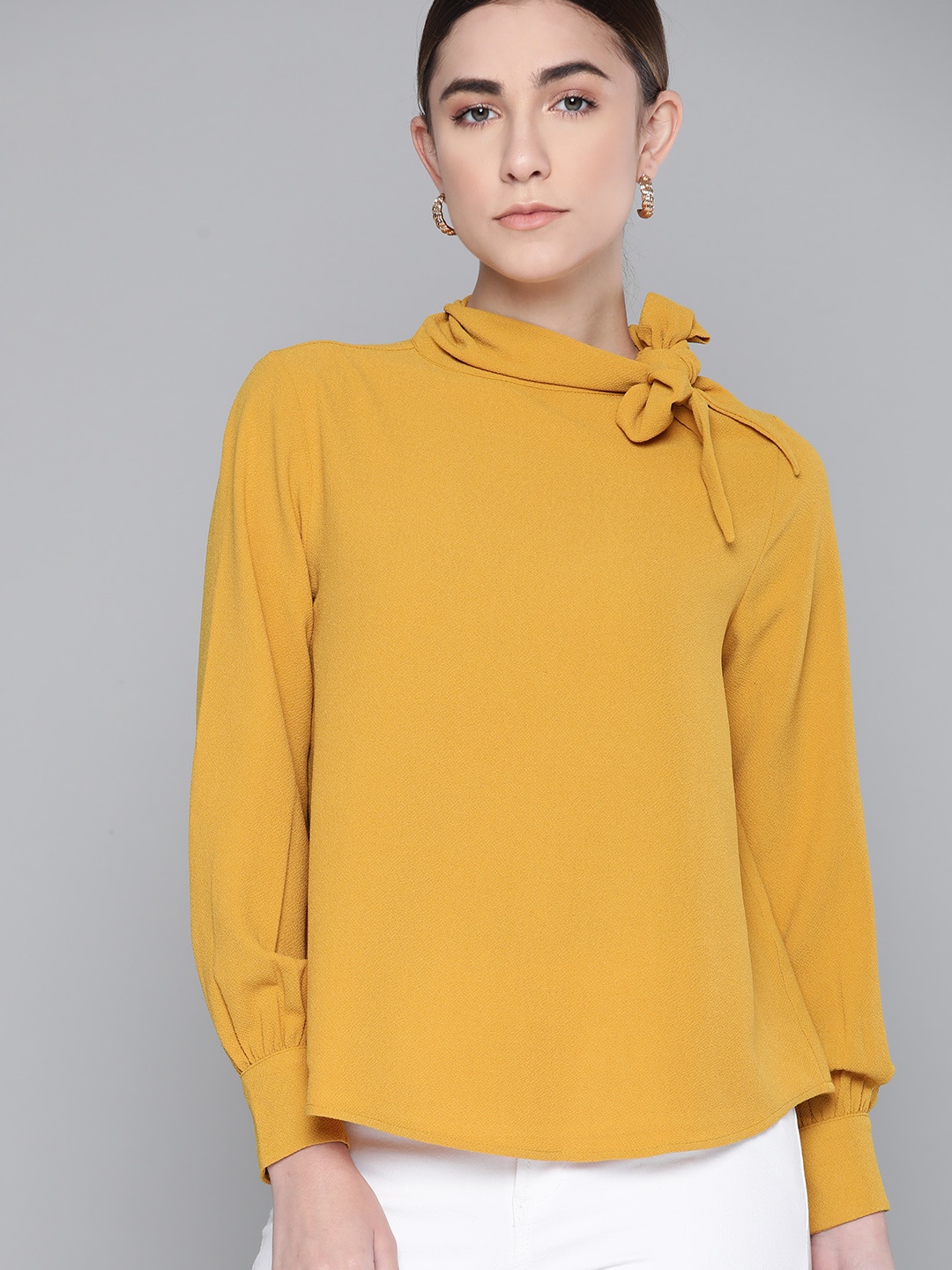 

Chemistry Mustard Yellow Solid Tie-Up Neck Top with Puff Sleeves