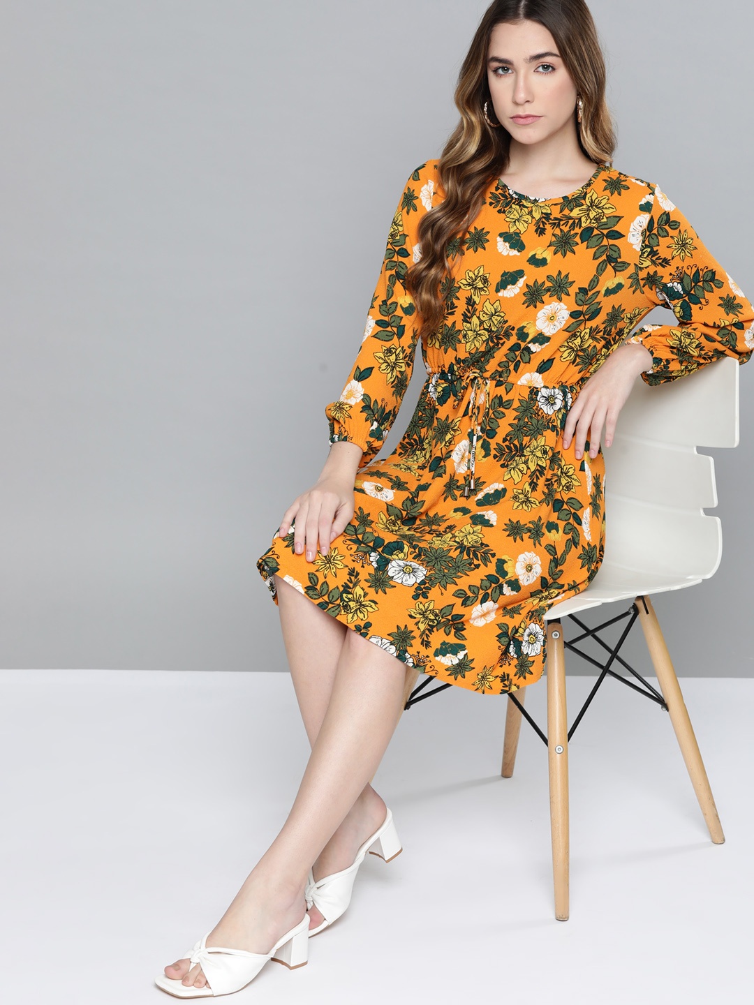 

Chemistry Women Yellow & Green Textured Floral Print Fit & Flare Dress, Orange