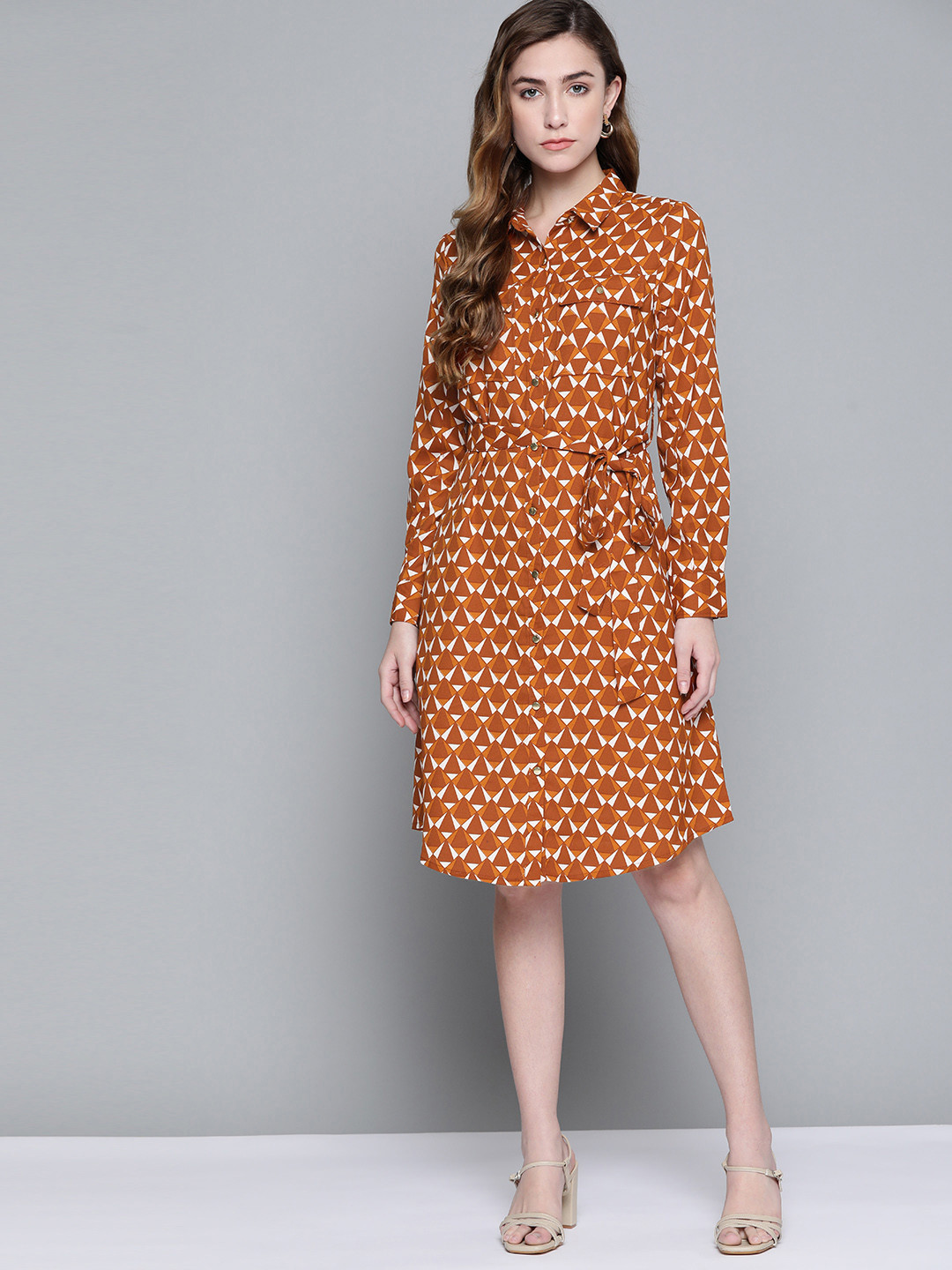 

Chemistry Rust Orange & Off White Printed Shirt Dress with Belt